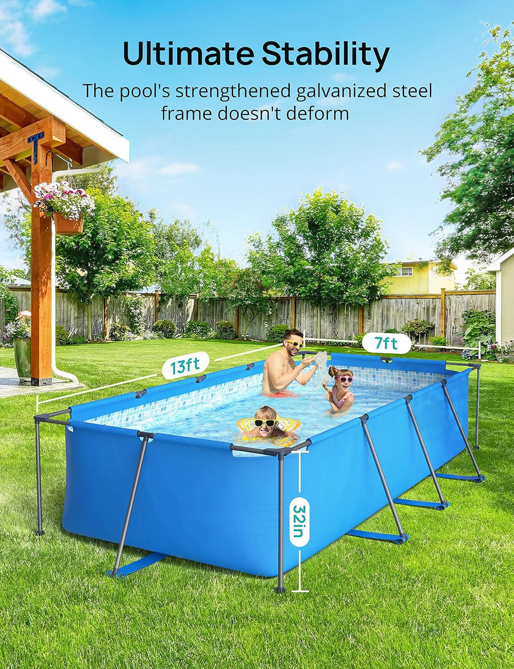 EVAJOY 14ft x 7ft x 33in Metal Frame Swimming Pool, Outdoor Rectangular Above-Ground Pool with Steel Frame, Heavy-Duty PVC, Easy Assembly for Backyard, Garden, Lawn