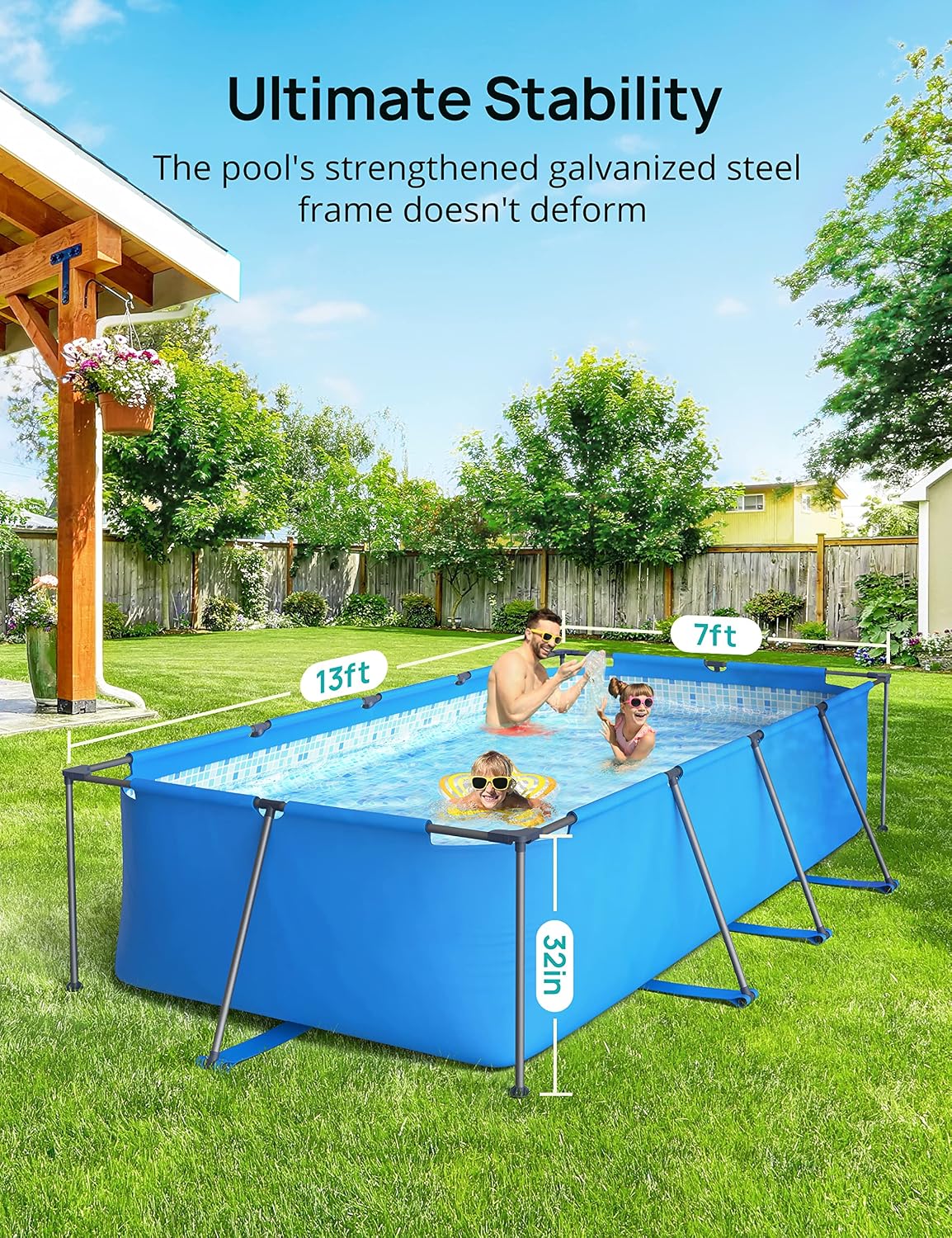 EVAJOY 14ft x 7ft x 33in Metal Frame Swimming Pool, Outdoor Rectangular Above-Ground Pool with Steel Frame, Heavy-Duty PVC, Easy Assembly for Backyard, Garden, Lawn