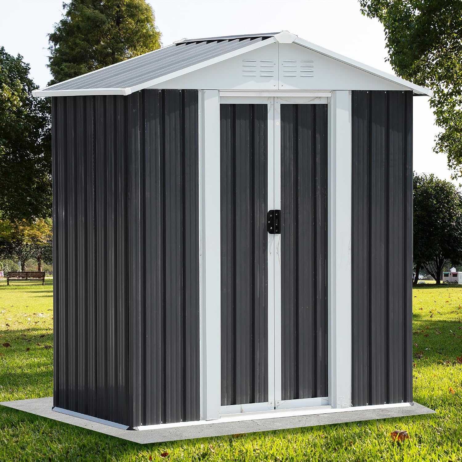 KEIKI 5x3FT Outdoor Storage Shed, Heavy-Duty Metal Storage Shed with Floor & Lockable Sliding Doors, Waterproof Tool Sheds for Garden, Backyard, Patio, Lawn