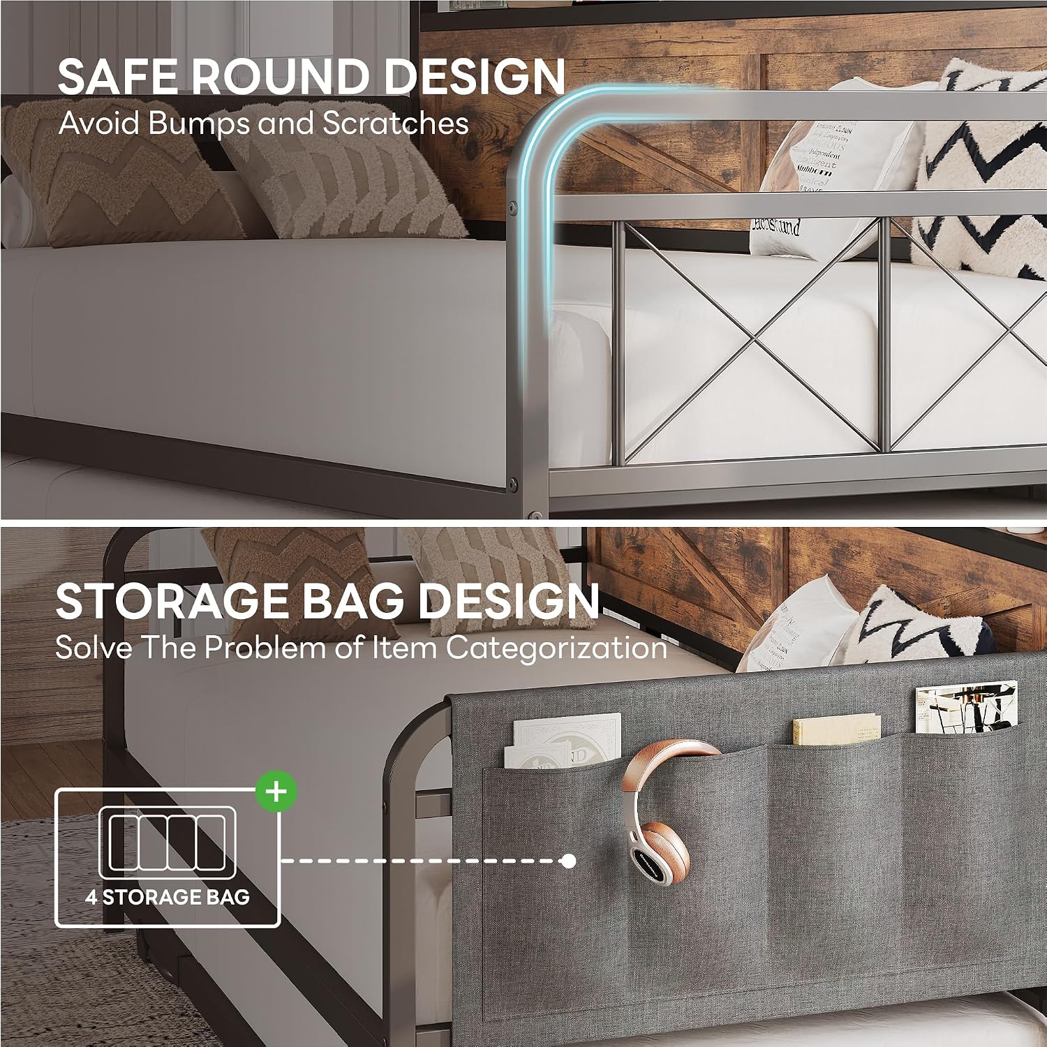 LIKIMIO Twin Daybed, Daybeds with Pop Up Trundle, Storage Headboard with Charging Station, Strong Supports for Apartment and Other Small Space, Industrial Brown