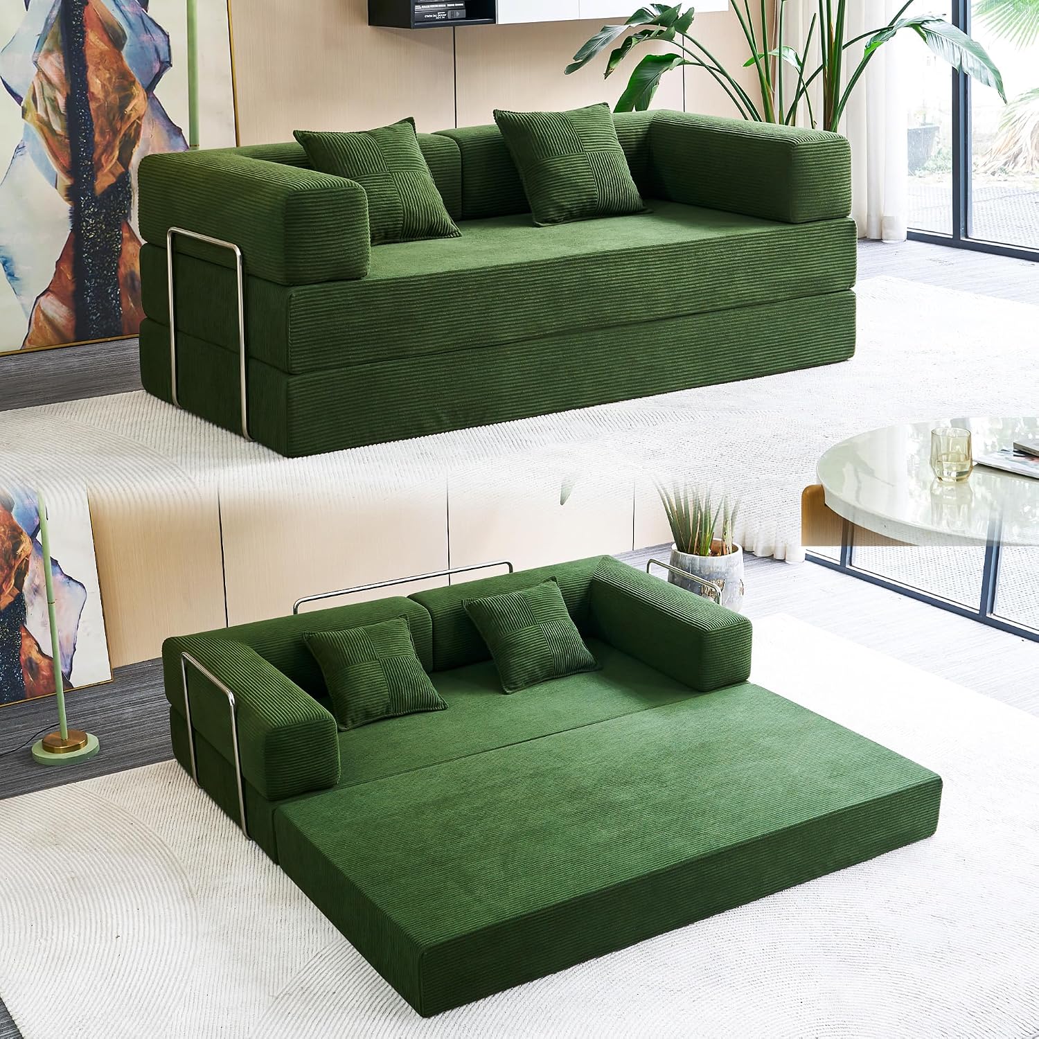 Compression Sofa - 78''Convertible Floor Sofa Bed - with Pillow Back Support Armrest - Comfy Foldable Sofa Bed Compressed Sofa in Box - Corduroy Fabric - for Living Room Bedroom (Green)