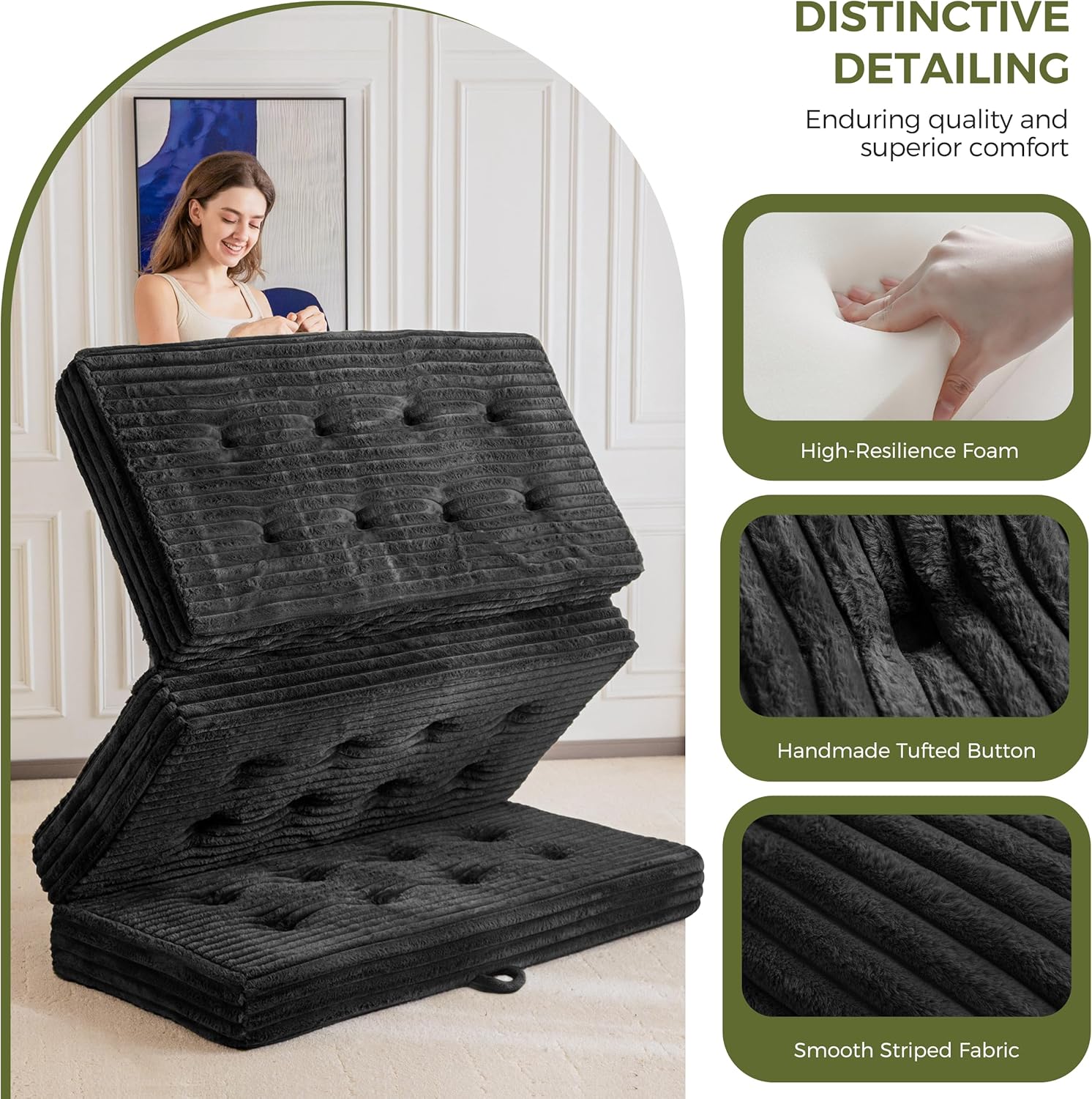 MAXYOYO Folding Sofa Couch Bed, 6 Inch Tri-Fold Floor Sofa Bed, Folding Mattress with Handles, Soft Faux Fur Folding Bed with Supportive Foam Filling, Portable Couch for Living Room, Full, Black