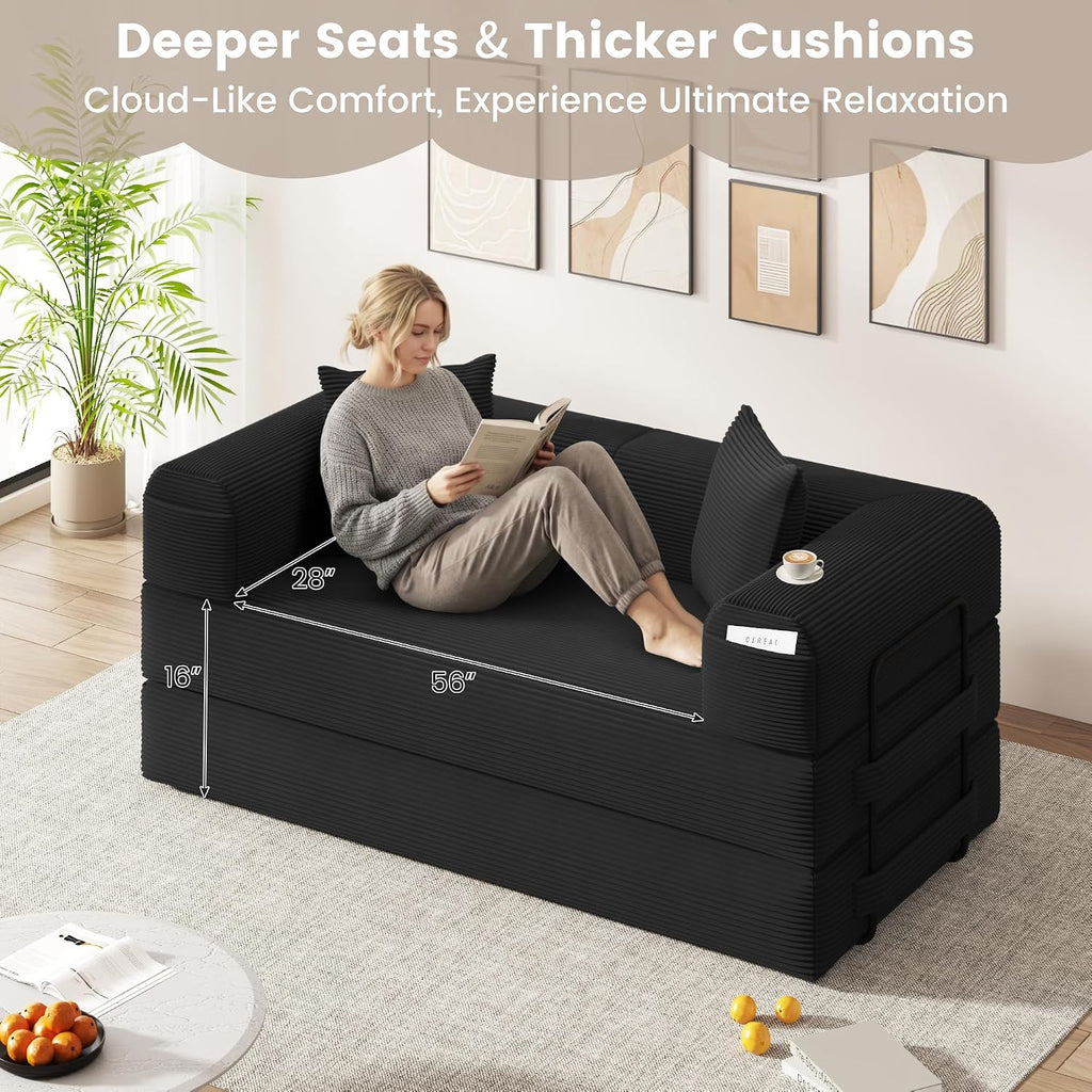 80' Convertible Sofa Bed, 5 in 1 Modular Boneless Couch Sleeper Sofa Bed with Fixed Frame & Removable Backrest Pillow, Washable Corduroy Futon Sofa Bed Couch in a Box for Small Spaces, Dark Black