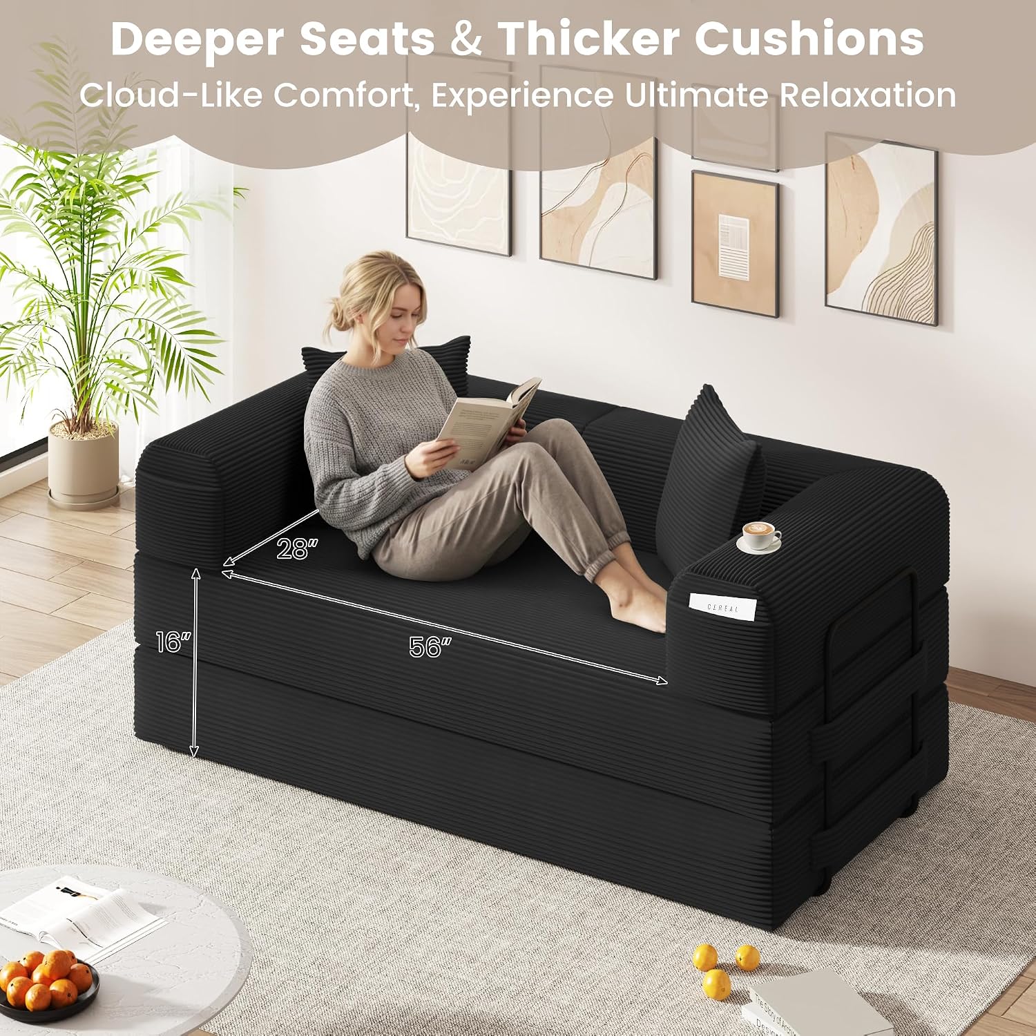 80' Convertible Sofa Bed, 5 in 1 Modular Boneless Couch Sleeper Sofa Bed with Fixed Frame & Removable Backrest Pillow, Washable Corduroy Futon Sofa Bed Couch in a Box for Small Spaces, Dark Black