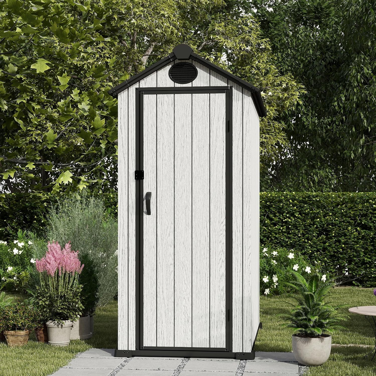 EHHLY Outdoor Storage Shed 3x5 FT, Resin Shed with Floor, Window & Vents, Waterproof Plastic Shed with Lockable Door for Backyard, Patio, Lawn, Gray