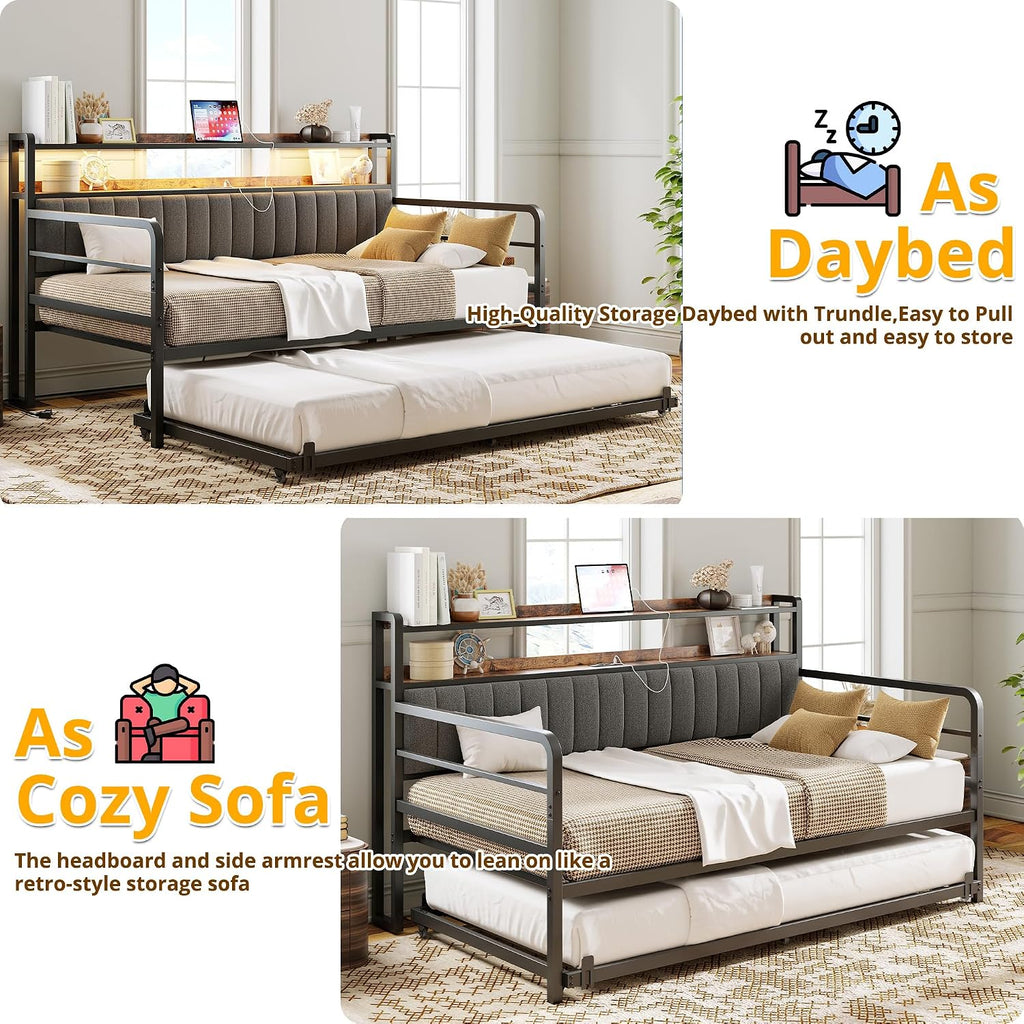 ANCTOR Daybed with Trundle, LED Lights and Charging Station, Twin Size Daybed with 2-Tier Storage Shelves and Upholstered Headboard, Metal Sofa Bed Frame for Living Room, Bedroom, Black