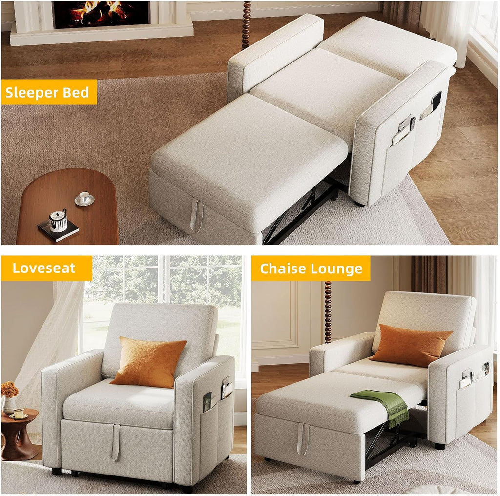 YITAHOME Convertible Sofa Chair Bed, 3-in-1 Linen Fabric Sleeper with Pull-Out Bed, Reclining Backrest & Wide Armrest, Beige