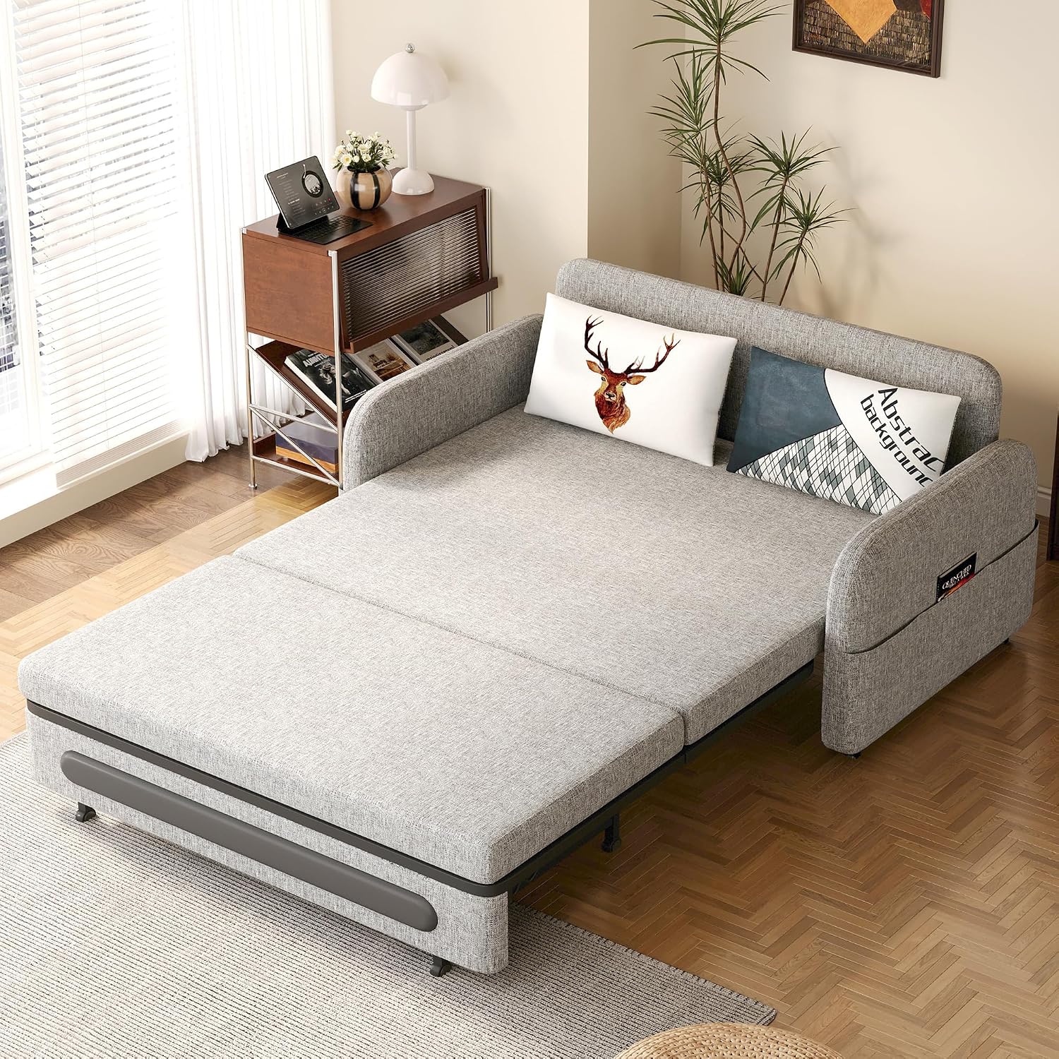 Versatile Pull-Out Sofa Bed – Compact Futon Couch for Small Spaces, Gray/White, 34.25' D x 59.84' W x 37.4' H, Ideal for Living Room & RV (61.61')