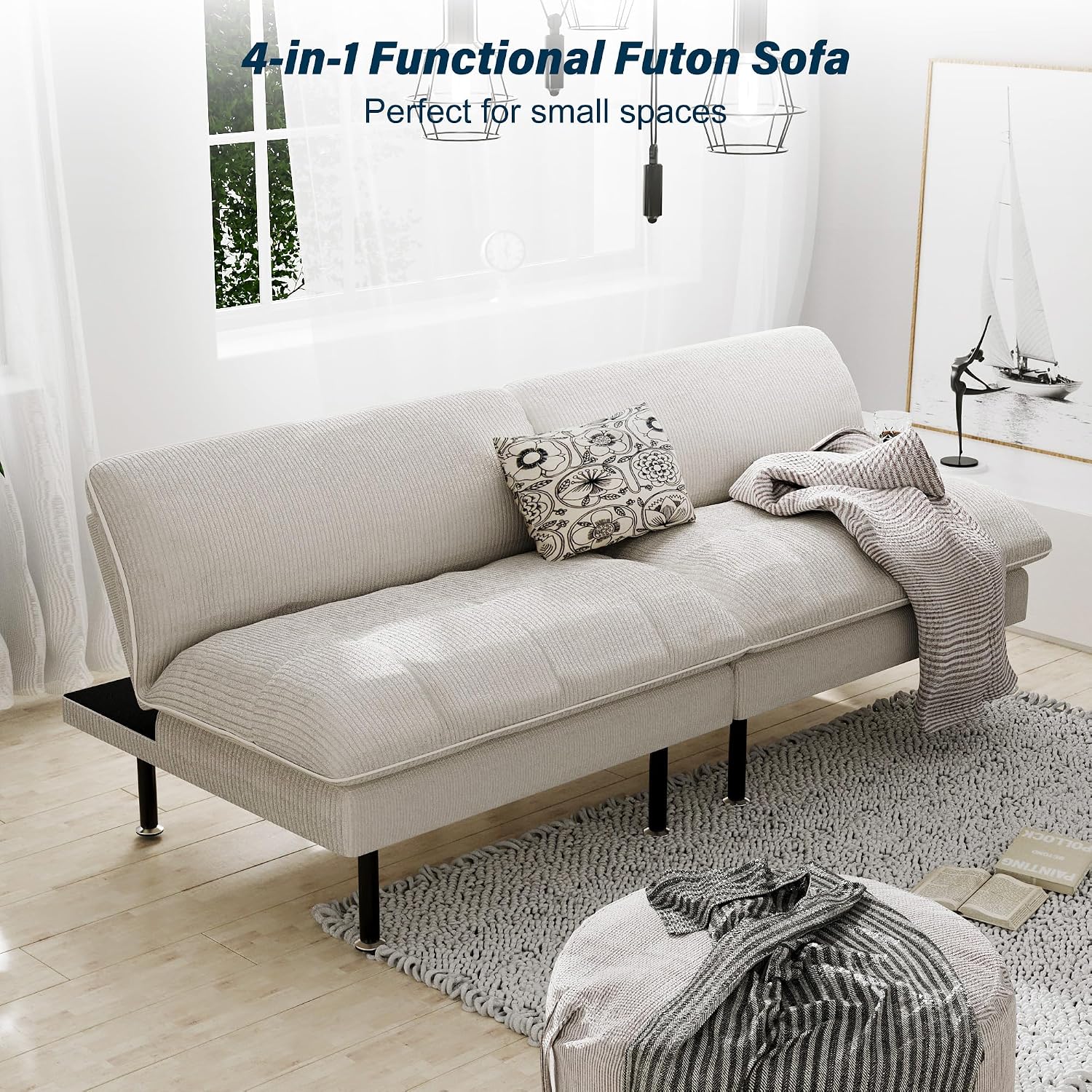Ribilake 70' Futon Sofa Bed, 4 in 1 Multi-Function Couch Sleeper with Adjustable Backrest, Modern Convertible Futon, Recliner Small Loveseat for Living Room, Dorm, Beige