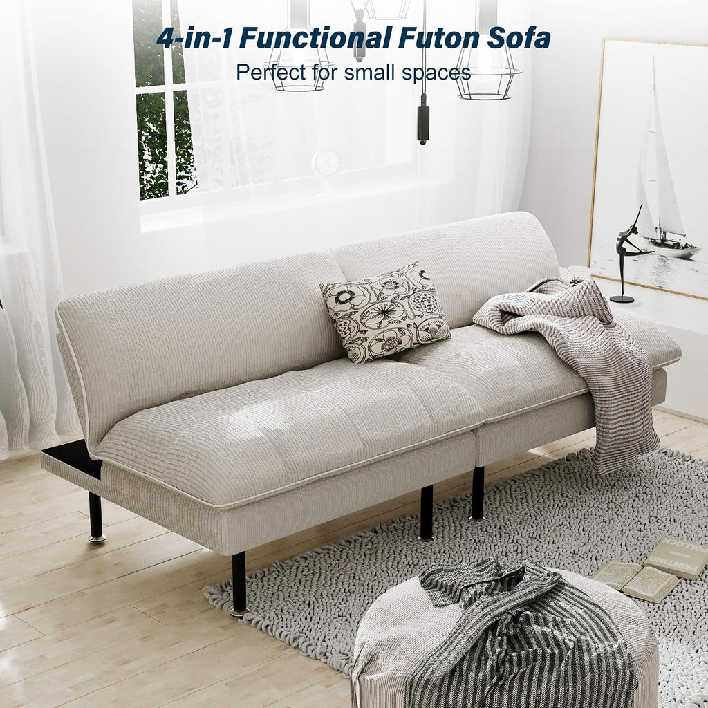 Ribilake 2 Sets 70' Futon Sofa Bed, 4 1 Multi-Function Couch Sleeper with Adjustable Backrest, Modern Convertible Futon, Recliner Small Loveseat for Living Room, Beige