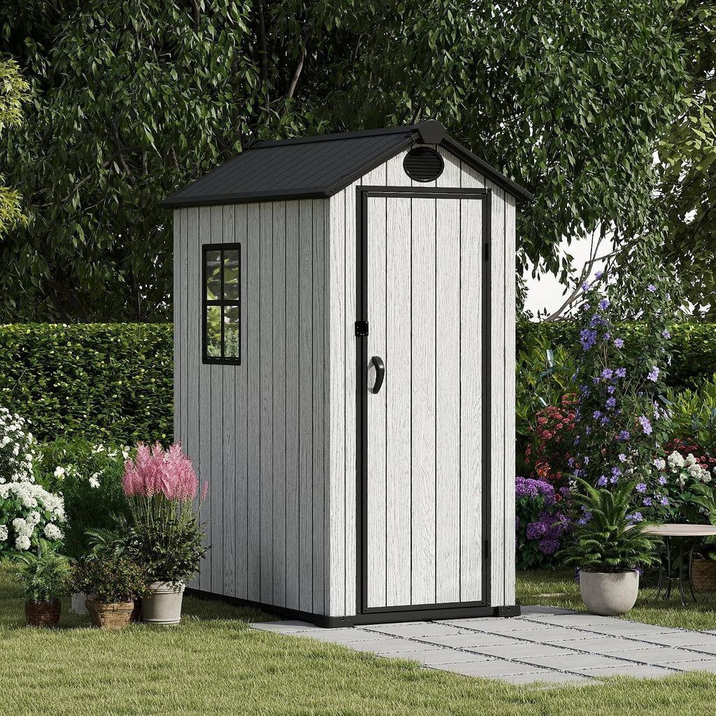 EHHLY Outdoor Storage Shed 3x5 FT, Resin Shed with Floor, Window & Vents, Waterproof Plastic Shed with Lockable Door for Backyard, Patio, Lawn, Gray