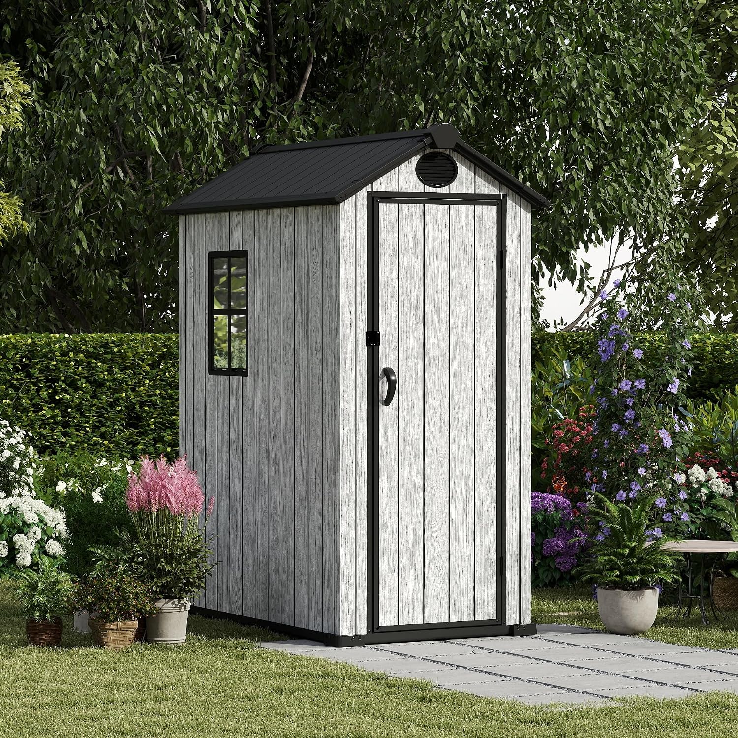 EHHLY Outdoor Storage Shed 3x5 FT, Resin Shed with Floor, Window & Vents, Waterproof Plastic Shed with Lockable Door for Backyard, Patio, Lawn, Gray