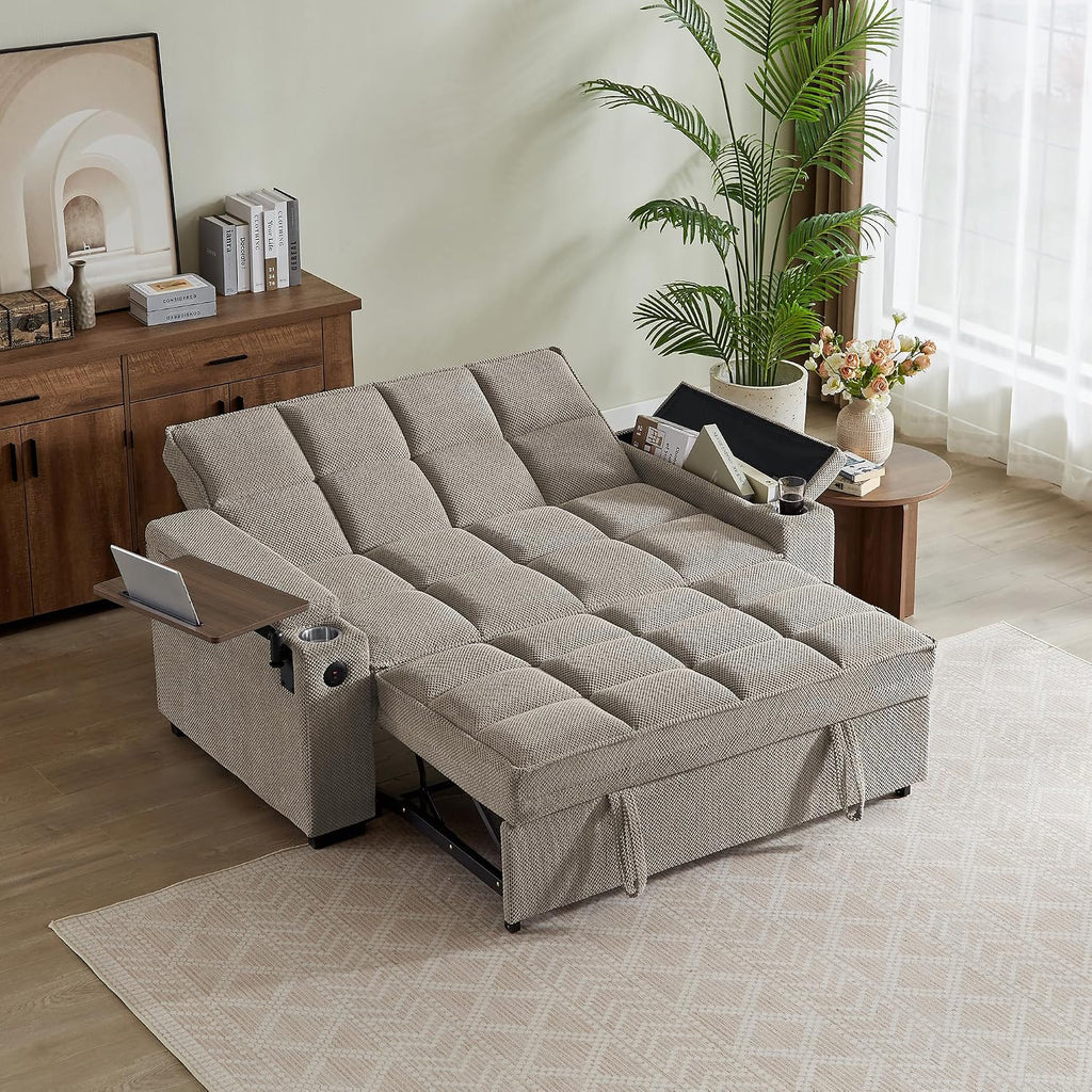 Auvsoce 65'' Chaise Lounge Chair Indoor, 3-in-1 Convertible Sofa Bed with Pull-Out Design, 360° Swivel Side Table, Modern Granular Velvet Couch Bed for Living Room, Small Space & Apartment-Friendly
