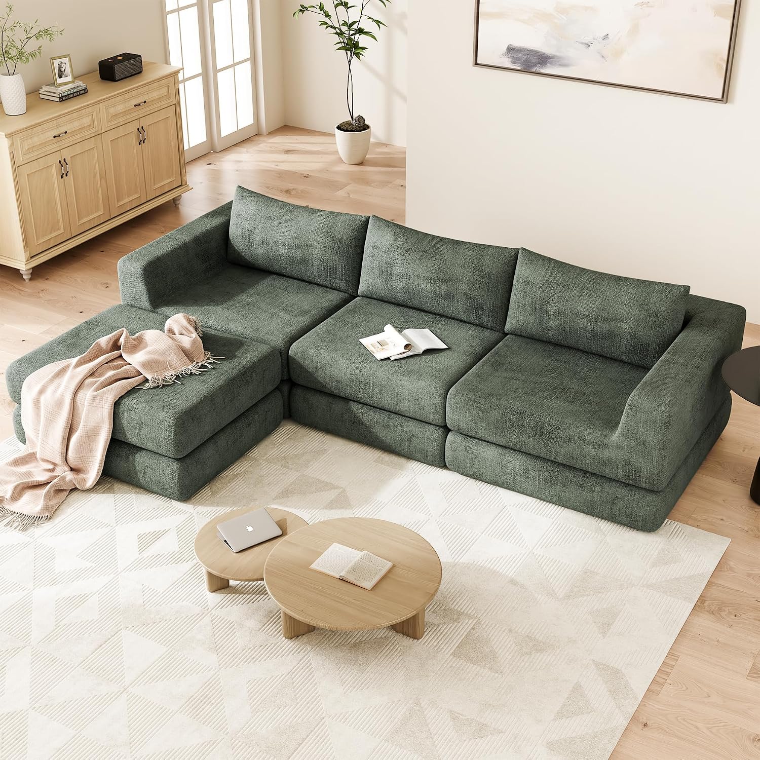 Chenille Modular Floor Sofa Bed, L Shaped Convertible Sleeper Couch with Memory Foam Cushions, Low Profile Sectional Sofa for Living Room, Apartment, Guest Room, Green