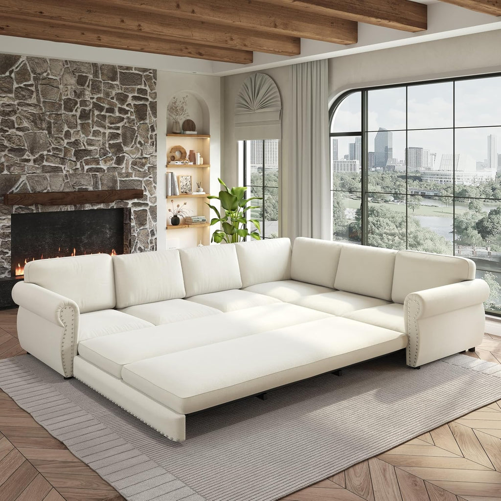 118' L-Shaped Sleeper Couch Bed - Oversize Convertible with Pull-Out Sofa Bed, Button Tufted Chesterfield Sofa, Chenille Sectional Vintage Couches for Living Room/Apartment(6-Seater, Beige)