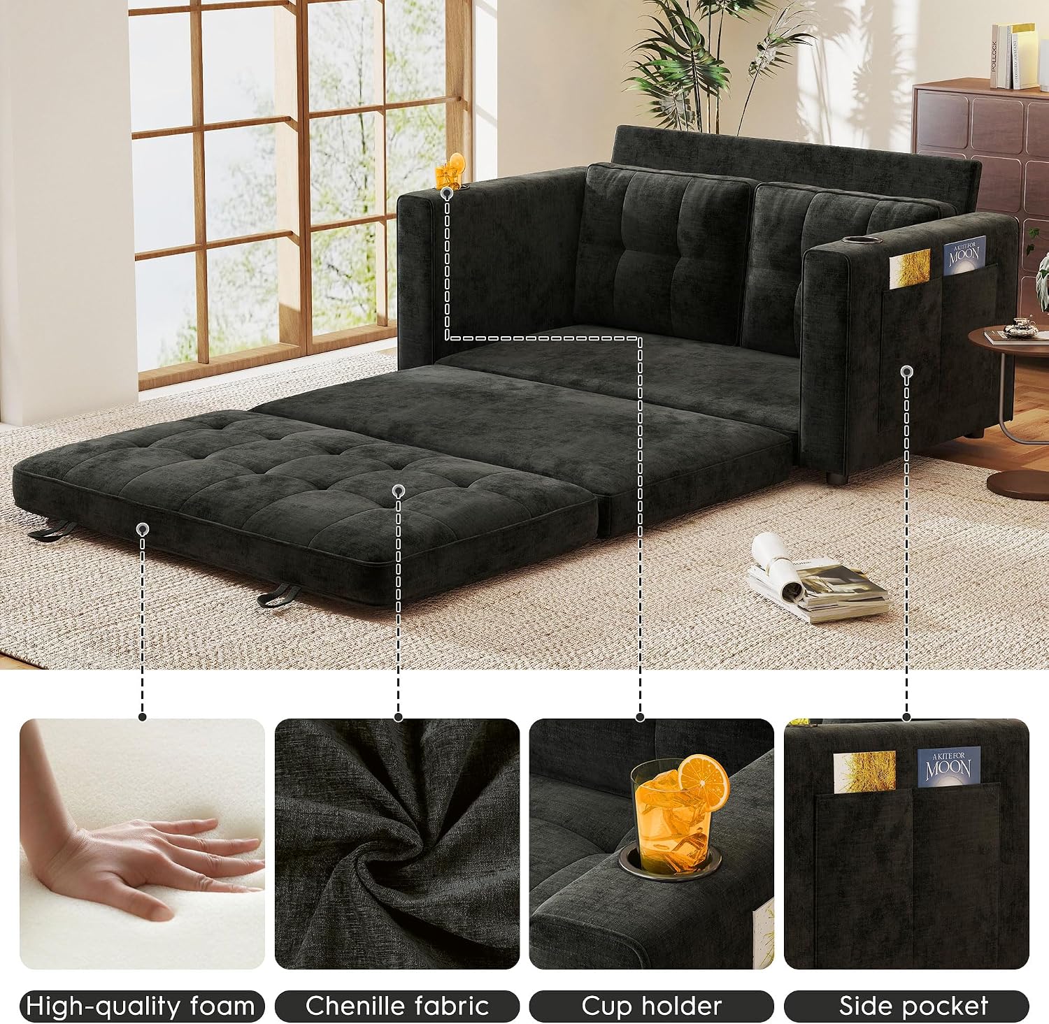55' Convertible Folding Sofa Bed, Pull Out Couch Love Seat Sleeper Bed, Small Fold Out Loveseat Sleeper with Cup Holder and Pillow for Small Space, Bedroom Lounge, Dorm, Living Room(Black Chenille)