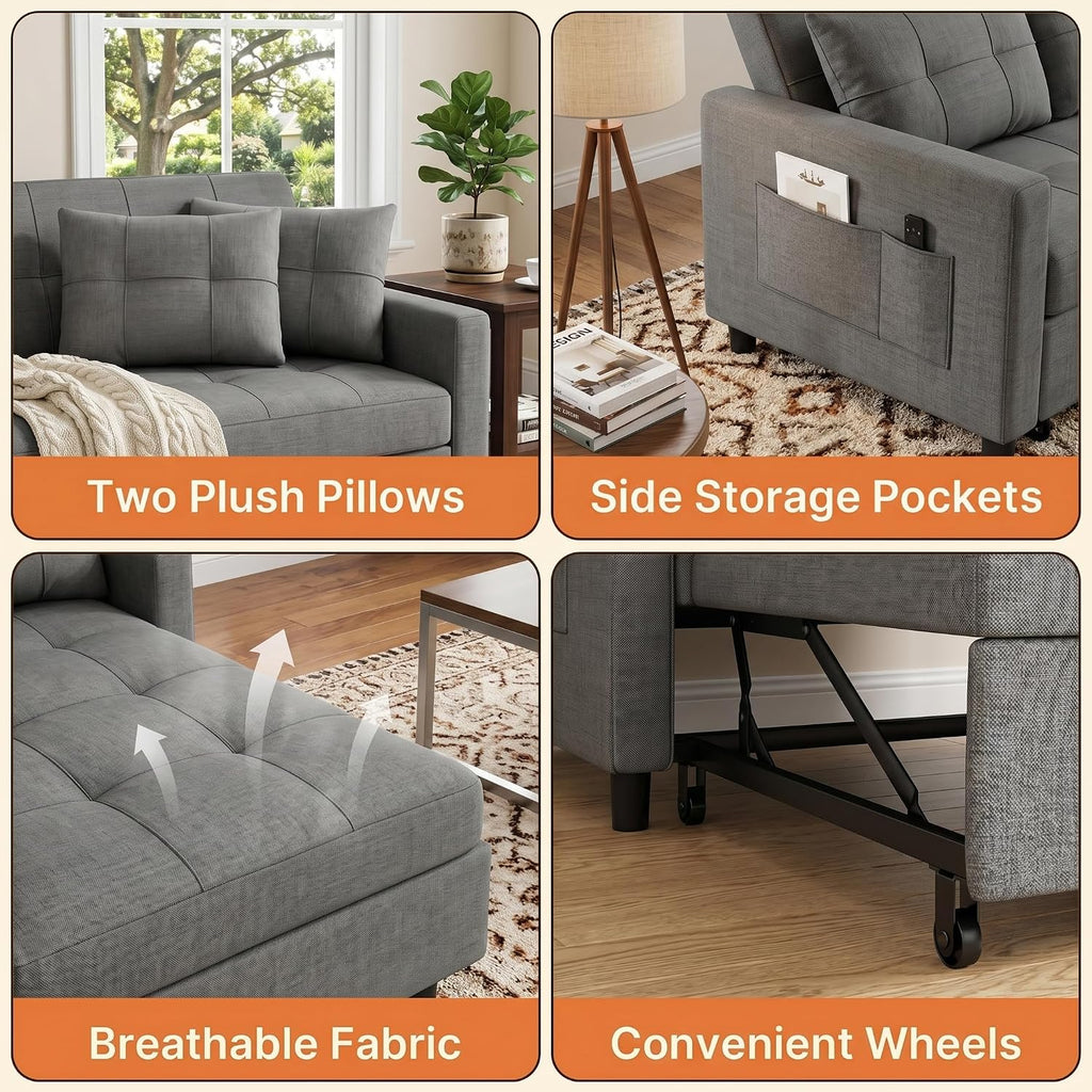 Gizoon 3-in-1 Convertible Loveseat Sleeper Couch Bed, 71.7' Extended Pull Out Sofa Bed, Linen Fabric Small Futon Sofa Bed with 2 Pillows for Apartment, Living Room, Bedroom, Dark Grey