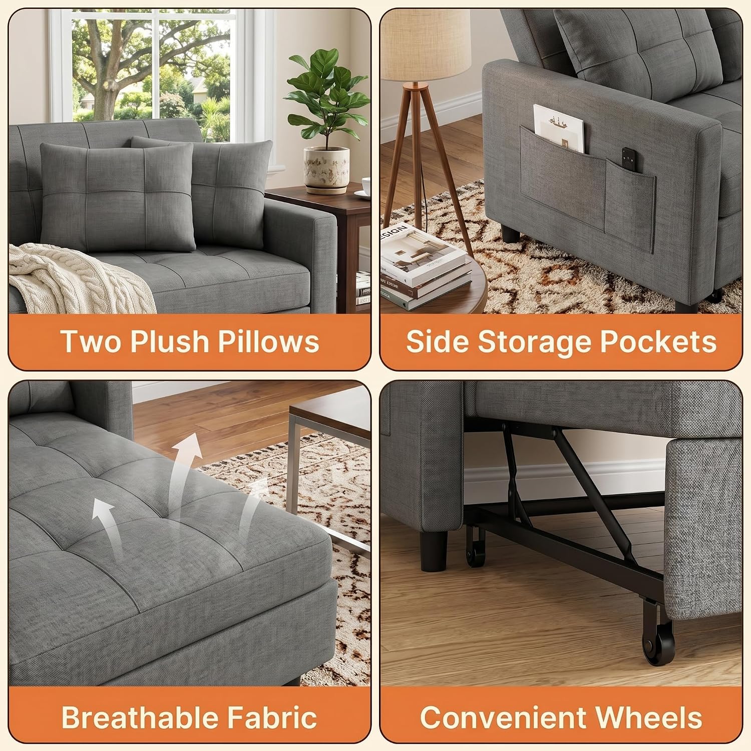Gizoon 3-in-1 Convertible Loveseat Sleeper Couch Bed, 71.7' Extended Pull Out Sofa Bed, Linen Fabric Small Futon Sofa Bed with 2 Pillows for Apartment, Living Room, Bedroom, Dark Grey