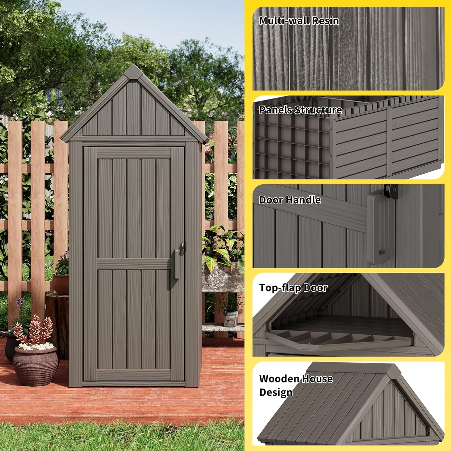 Fancyango Outdoor Resin Storage Cabinet Sturdy All-Weather Shed with Removable Shelves Lock Ring & Reinforced Floor – for Garden Patio Lawn (Grey)