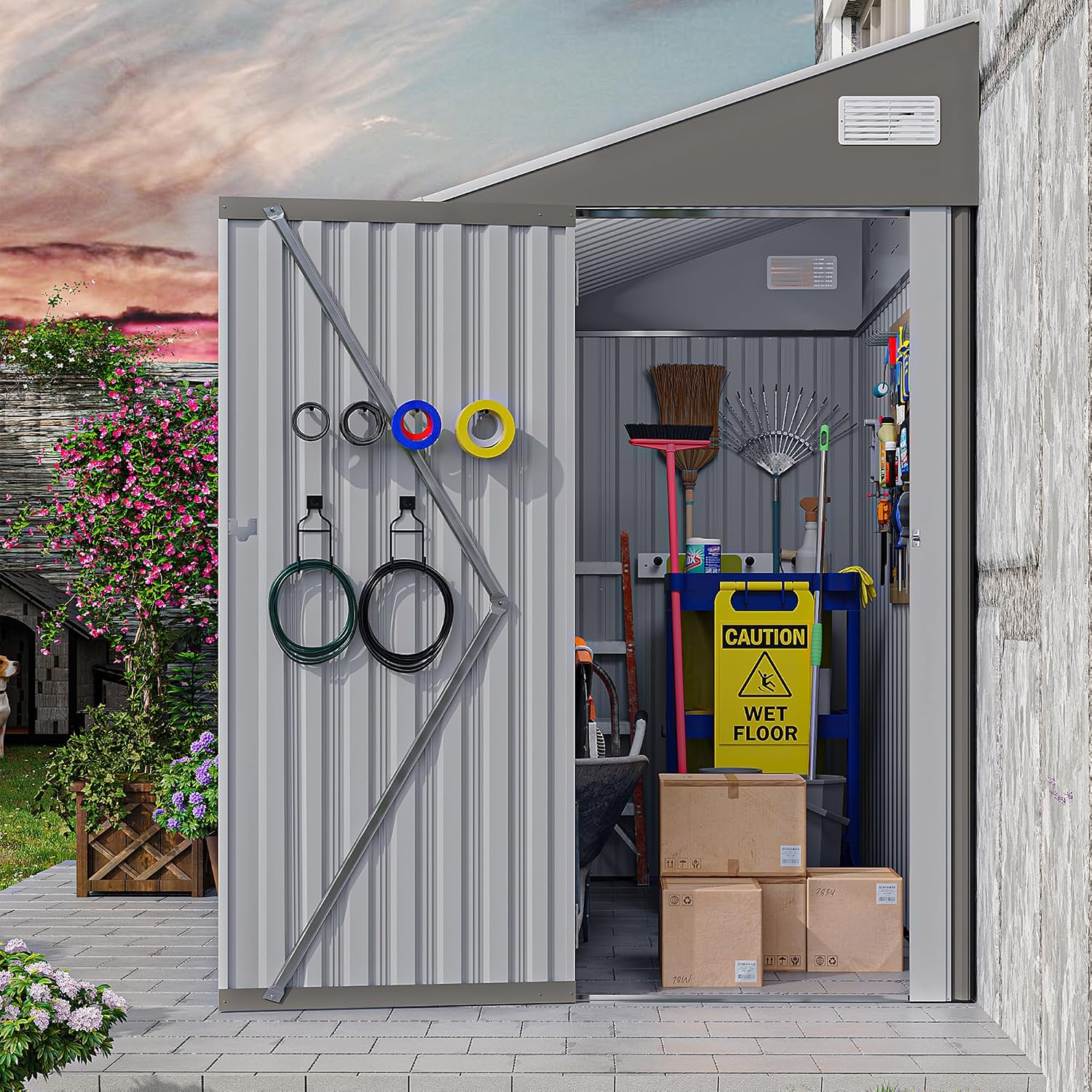4x8FT Outdoor Lean to Storage Shed, Metal Wall Side Sheds Garden Tool Storage Shed W/Lockable Door and Air Vents, Waterproof Garden Shed Utility Tool for Backyard, Patio, Lawn
