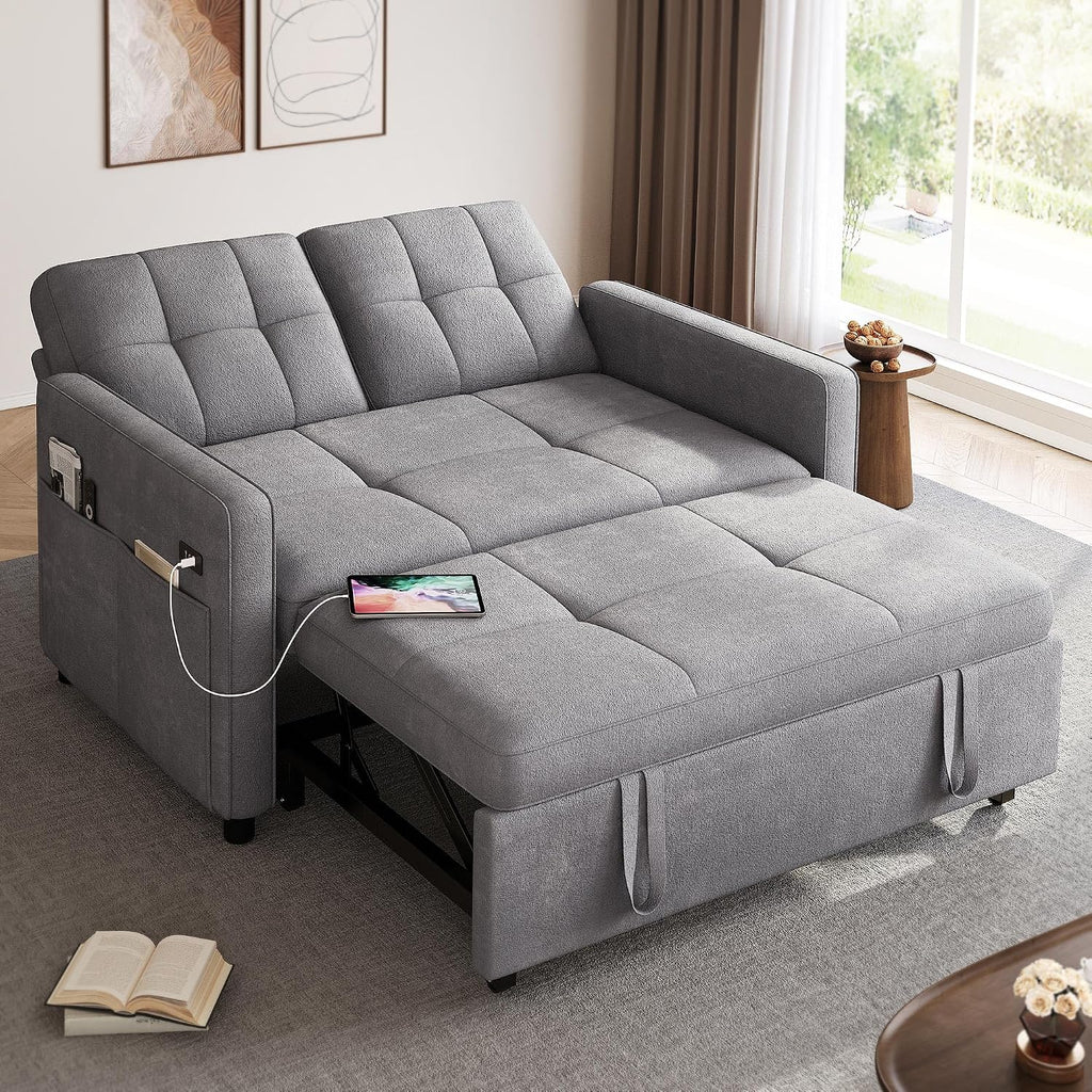 YITAHOME 55' Convertible Sofa Bed, 3-in-1 Sleeper Sofa with Pull-Out Bed, Cat-Scratch-Proof Futon Couch with 5-Levels Reclining Backrest, USB and Side Pocket, Modern Loveseat for Living Room, Grey