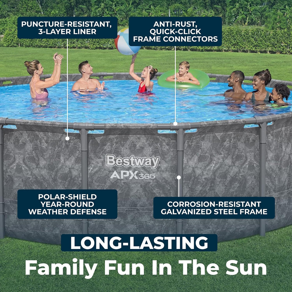 Bestway APX 365 18' x 52' Above Ground Pool, Round Metal Frame Outdoor Swimming Pool Set with Sand Filter Pump, Ladder, and Cover, Dark Marble