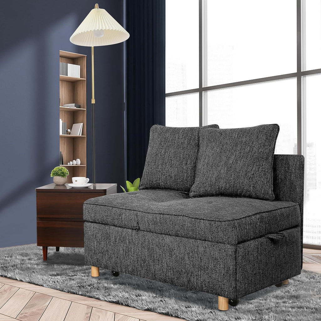 SEJOV Sofa Bed 4-in-1 Convertible Sofas & Couches, 3-Seat Linen Fabric loveseat Sofa with 2 Throw Pillow, Single Recliner for Small Space with 5 Adjustable Backrest, Black