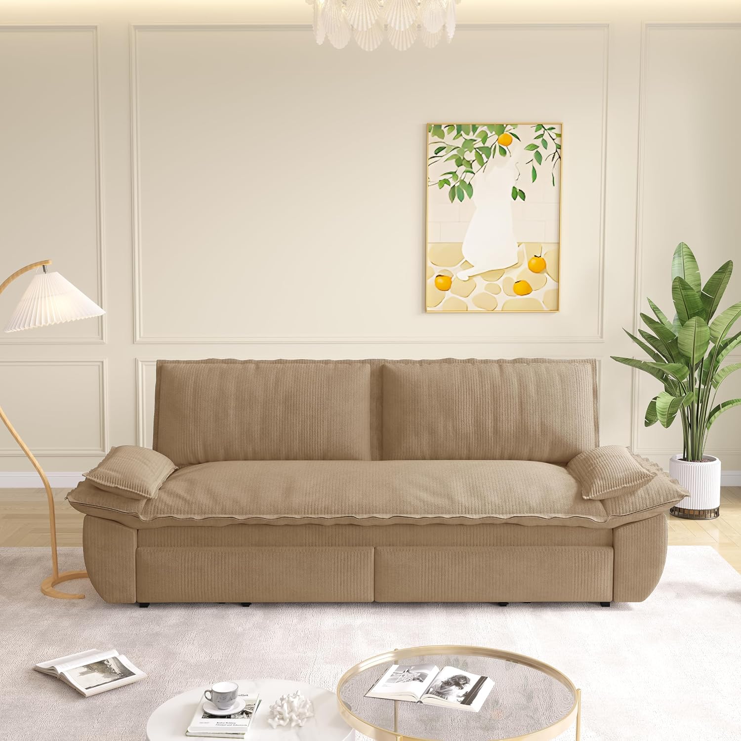 73.2' Sleeper Sofa Bed Queen, 3-in-1 Convertible Couch, Modern Pull Out Couches, Comfy Corduroy Futon Sofa, Cloud Loveseat Lounge, Pillow Arm for Small Spaces, Living Room, Apartment, Camel