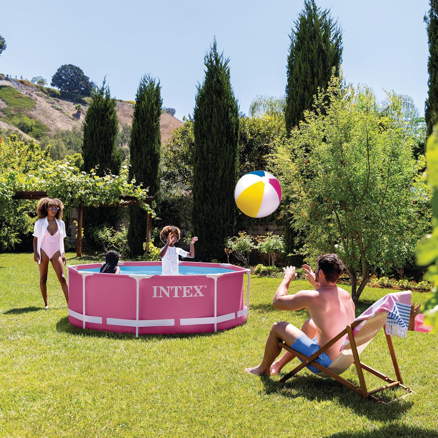 Intex 28290EH 8 Feet by 30 Inches Easy to Assemble Large Round Metal Frame Above Ground Swimming Pool with Dual Suction Outlet Fittings, Pink
