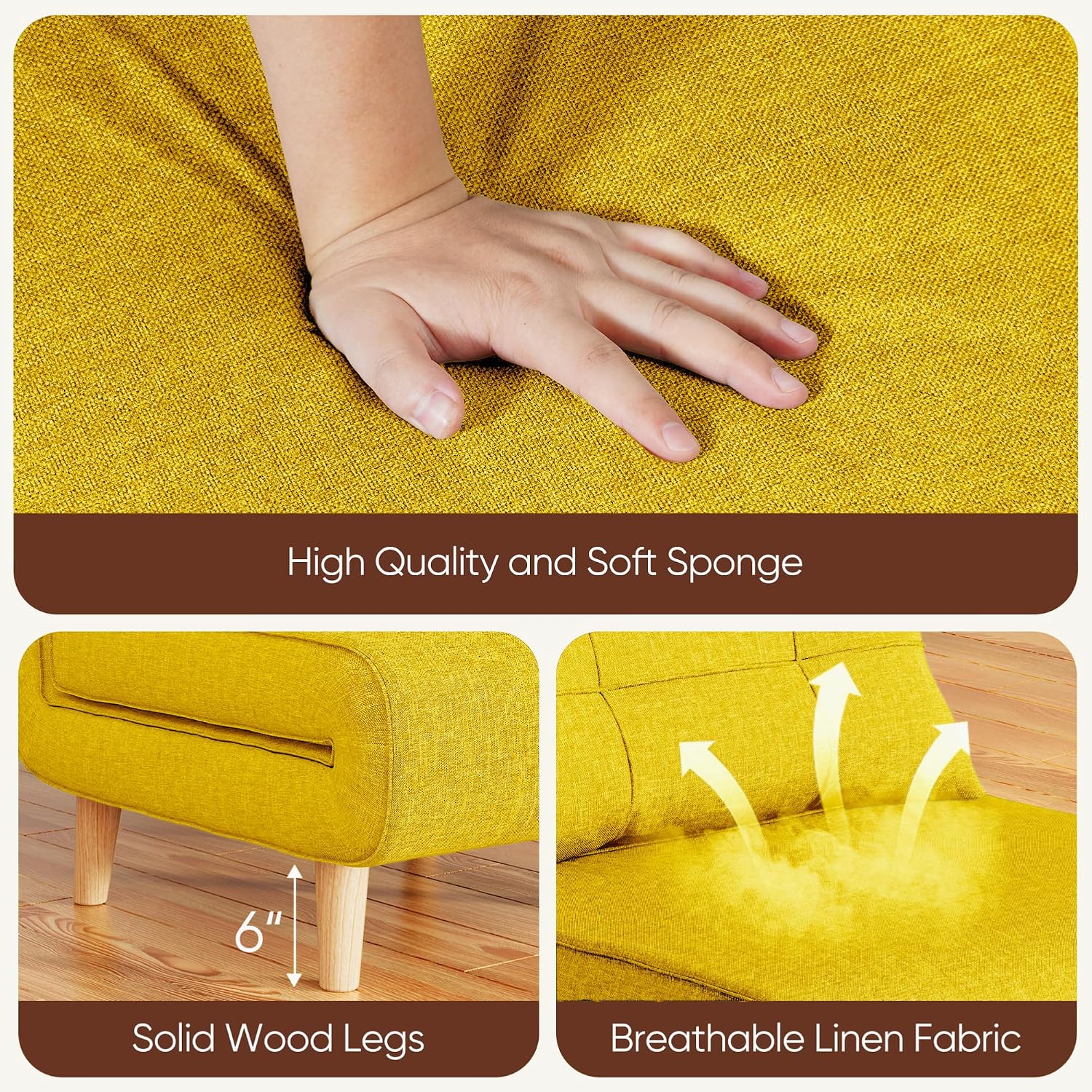 Ahomly 3 in 1 Sleeper Chair Bed, Chair Bed Sleeper for Adults with 6 Angle Adjustable Backrest, Convertible Single Futon for Living Room/Apartment/Office, Yellow