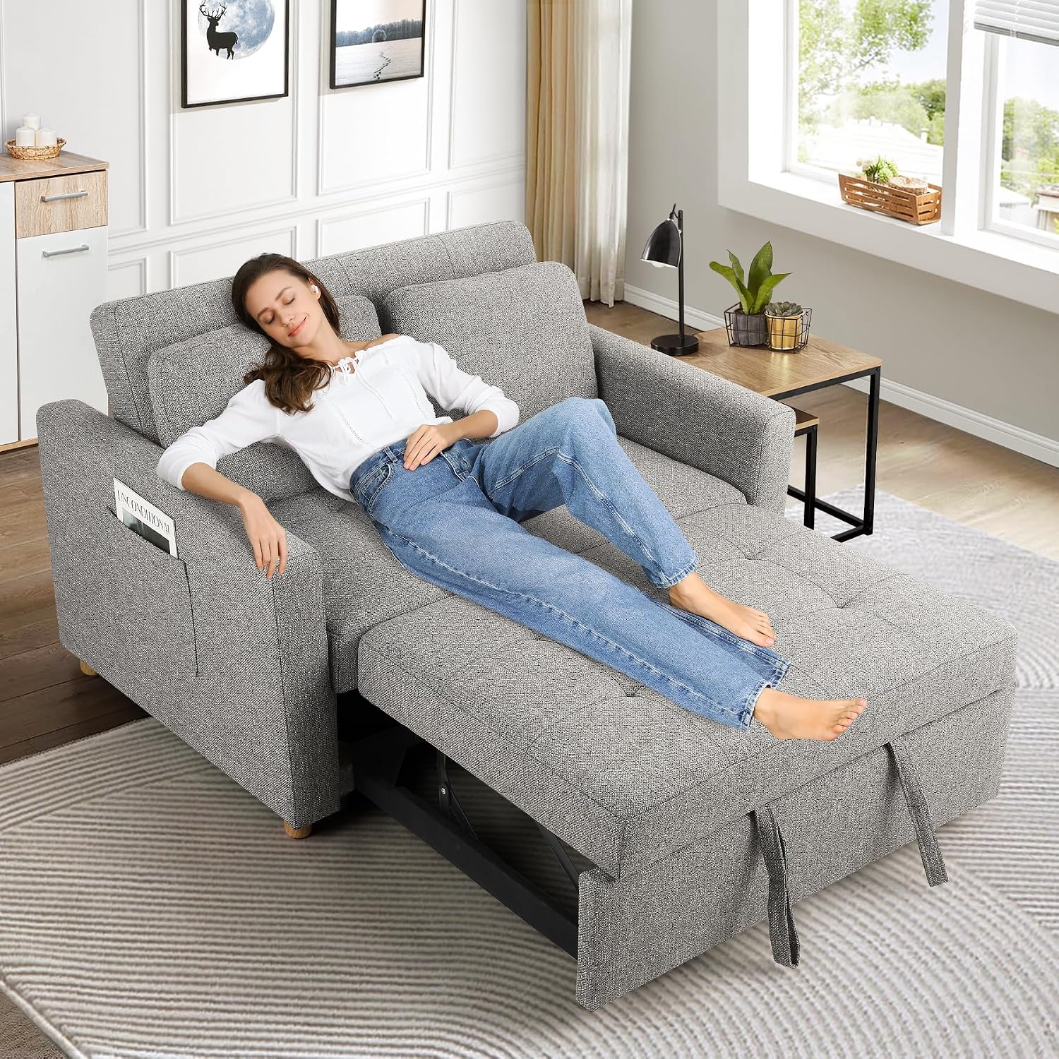 SEJOV Convertible Sofa Bed, 3-in-1 Sleeper Sofa Pull Out Couch Bed, 2-Seater Linen Fabric Loveseat Futon Sofa with Spring Support, Adjustable Backrest for Small Spaces, Living Room, Grey