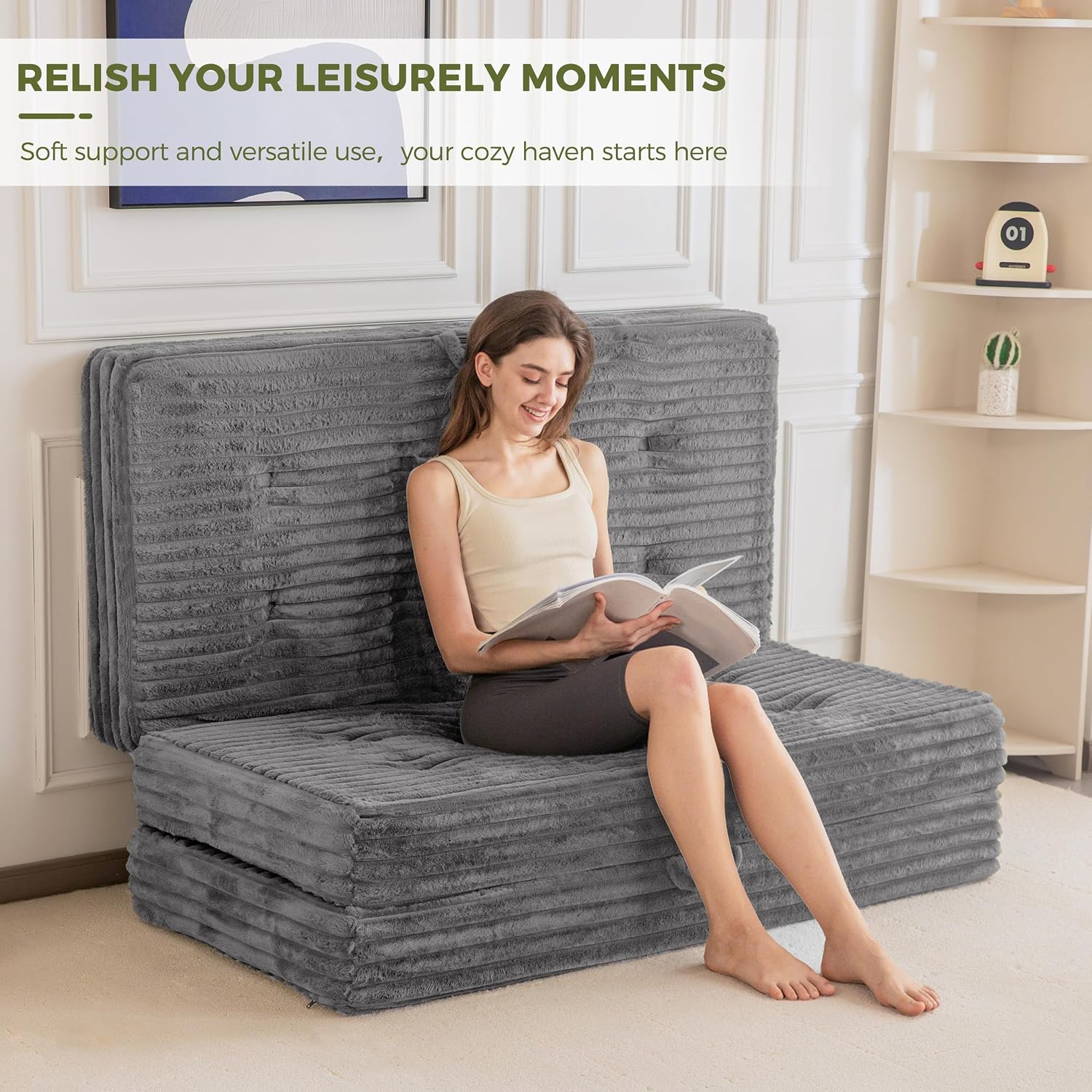 MAXYOYO Folding Sofa Couch Bed, 6 Inch Tri-Fold Floor Sofa Bed, Folding Mattress with Handles, Soft Faux Fur Folding Bed with Supportive Foam Filling, Portable Couch for Living Room, Queen, Grey