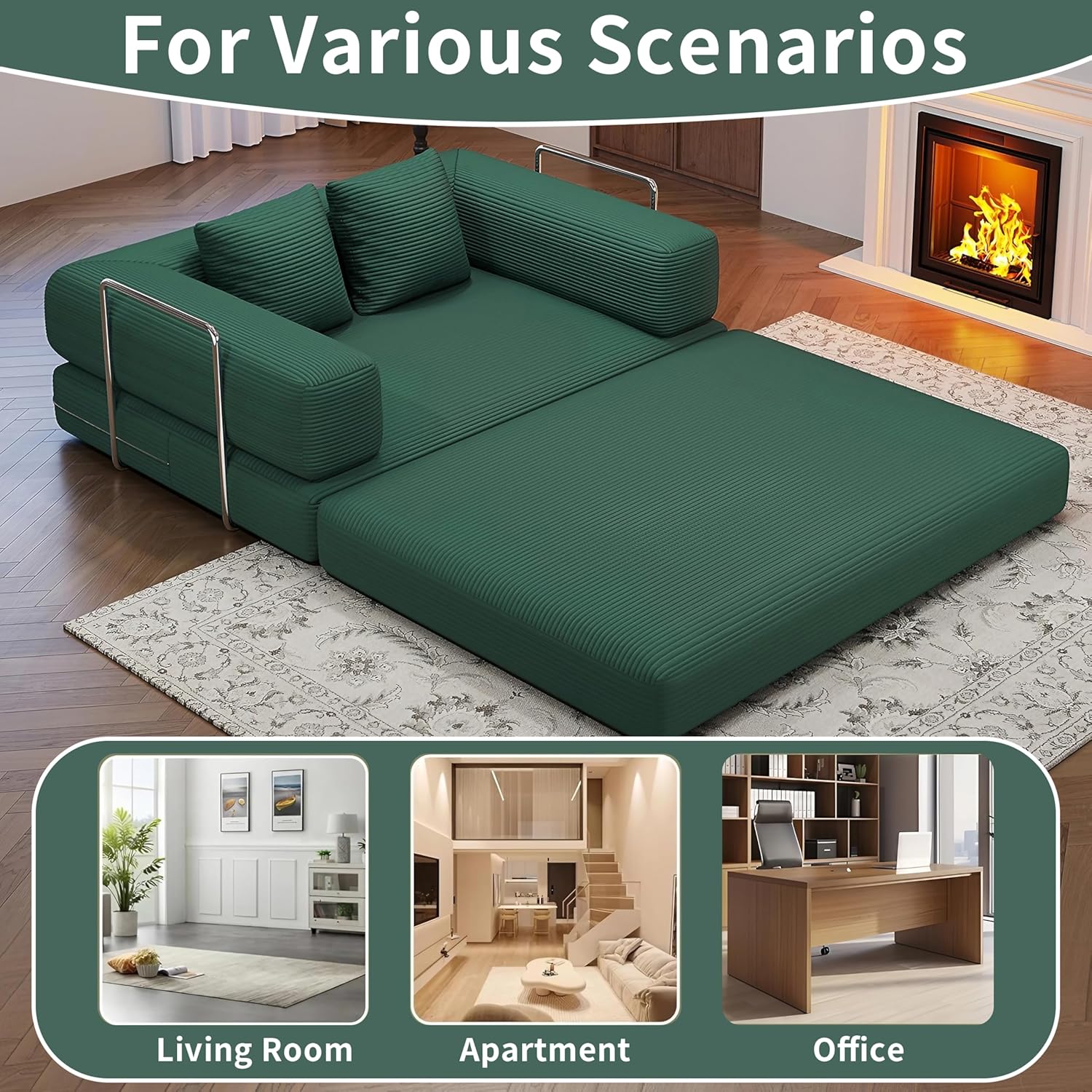BSHOMGI Folding Sofa Bed Convertible Corduroy Couch Queen Size Floor Sleeper 4-in-1 DIY Combination Modular Lazy Sofas Fold Futon Lounge for Living Room (Green, 53.15' Double Sofa)