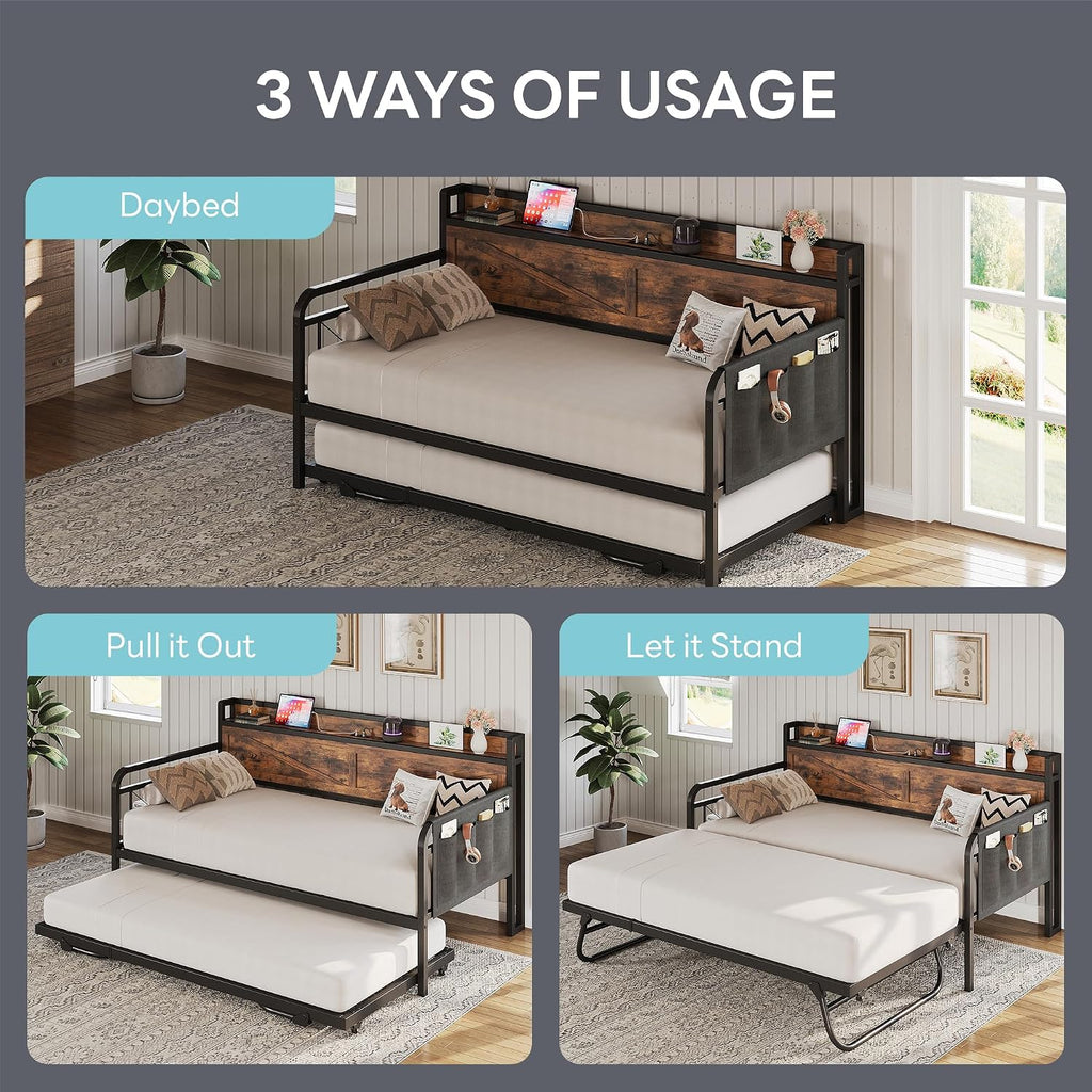 LIKIMIO Twin Daybed, Daybeds with Pop Up Trundle, Storage Headboard with Charging Station, Strong Supports for Apartment and Other Small Space, Industrial Brown