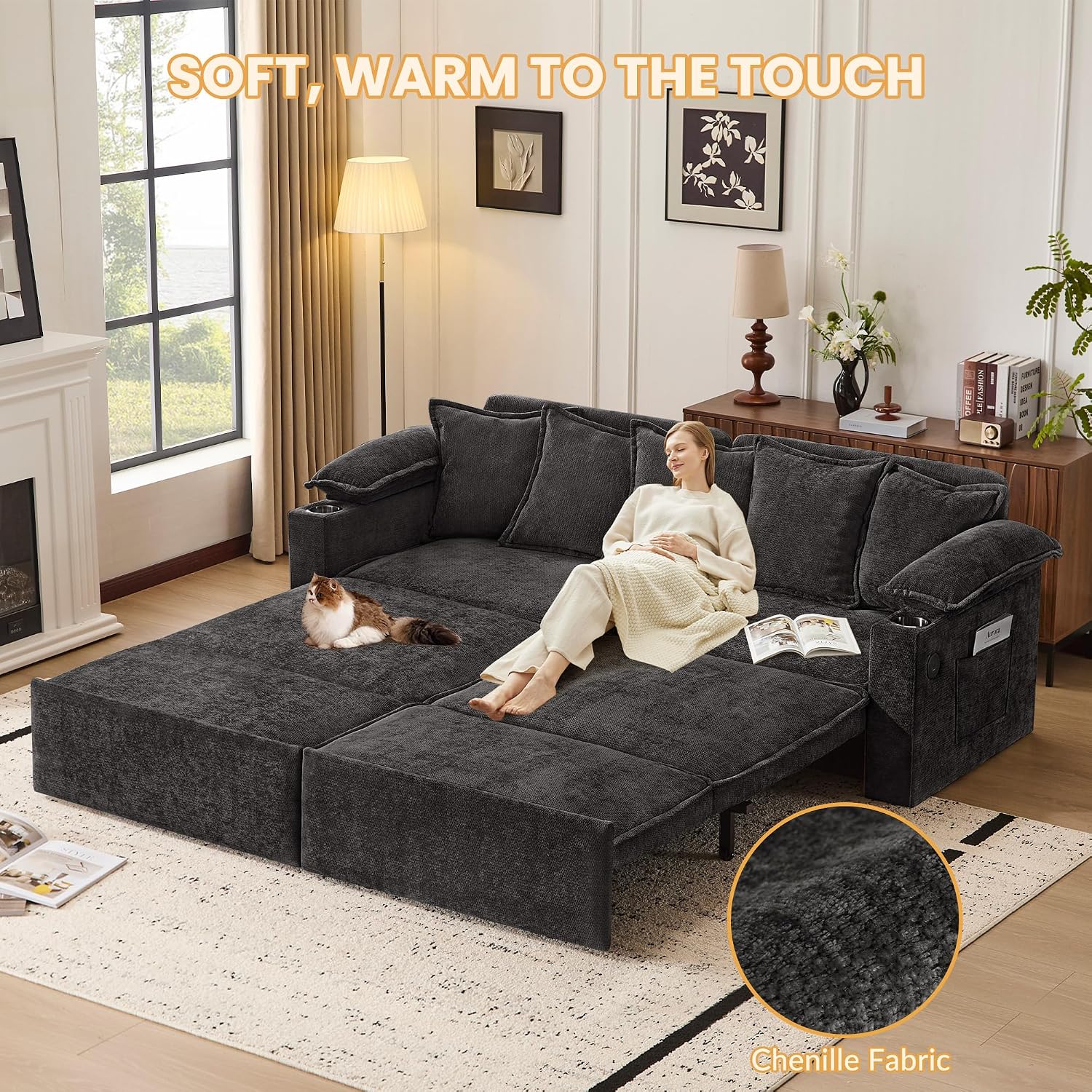SUNWAVE 83' King Size Pull Out Sofa Bed, 4-in-1 Convertible Sleeper Sofa Bed with USB Ports, Cup Holders, Side Pockets, Corduroy Oversized Loveseat Chaise Lounge for Living Room, Small Space