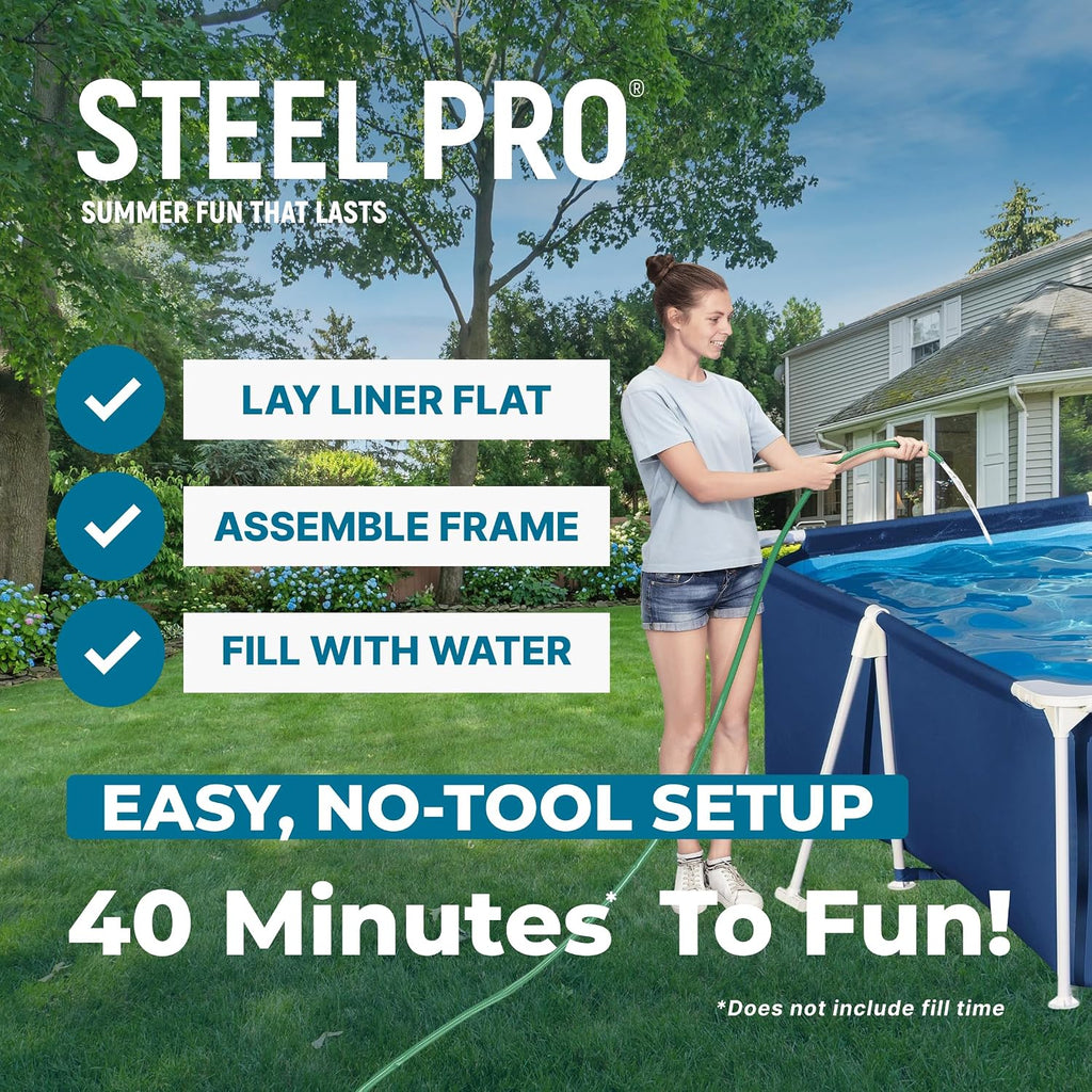 Bestway Steel Pro 9.8' x 6.6' x 26' Above Ground Pool, Rectangular Metal Frame Outdoor Swimming Pool Set with Filter Pump & Type I Cartridge, Blue
