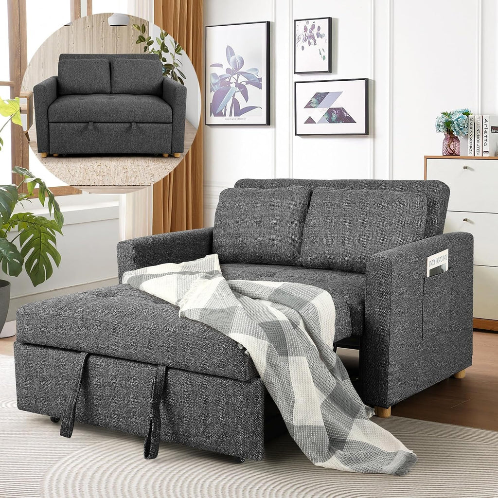 SEJOV Sleeper Sofa, 3-in-1 Convertible Pull Out Couch Bed Futon Sofa, Linen Fabric Loveseat with 2 Pillows and Adjustable Backrest, Chaise Lounge for Small Spaces Apartment Dorm, Office, Black