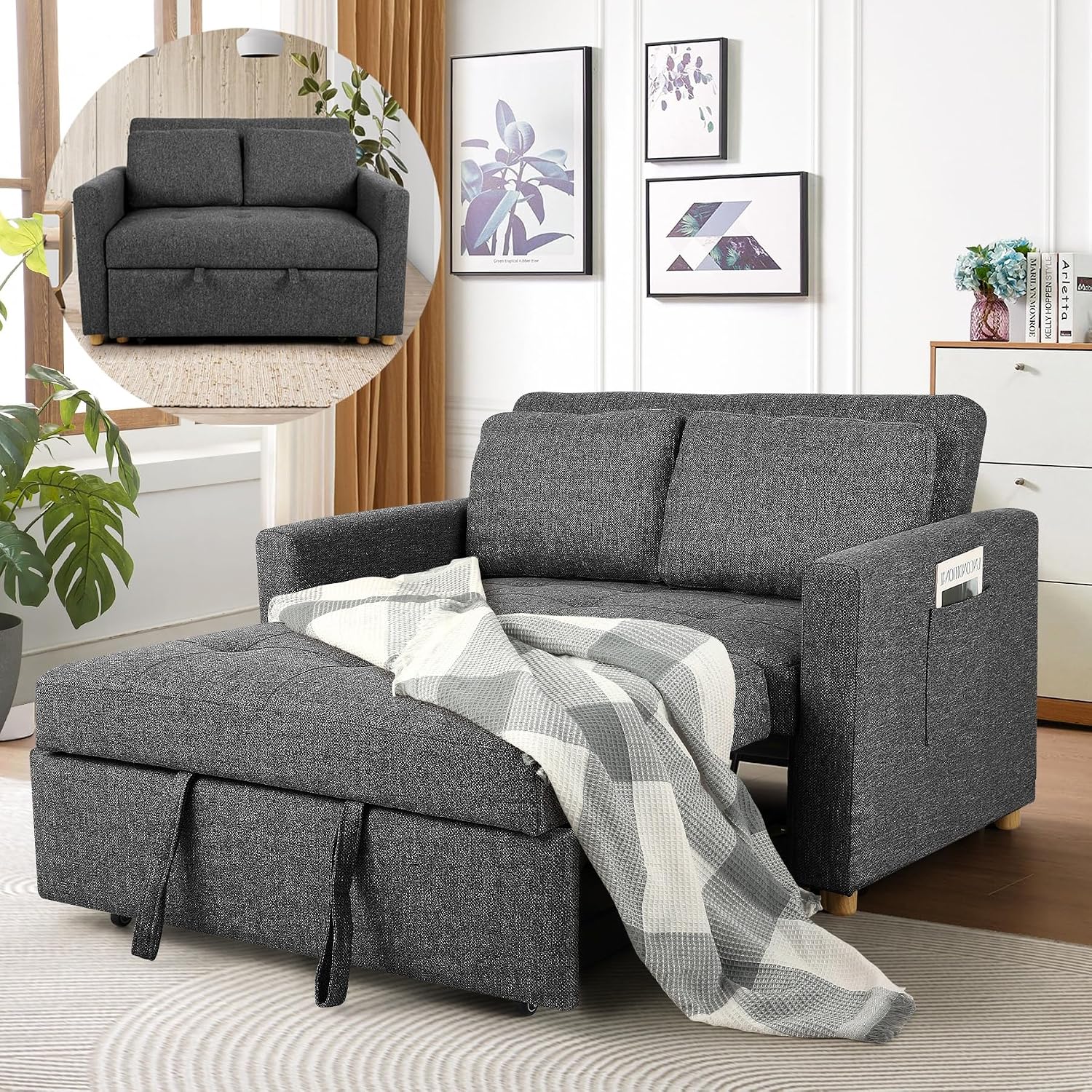 SEJOV Sleeper Sofa, 3-in-1 Convertible Pull Out Couch Bed Futon Sofa, Linen Fabric Loveseat with 2 Pillows and Adjustable Backrest, Chaise Lounge for Small Spaces Apartment Dorm, Office, Black