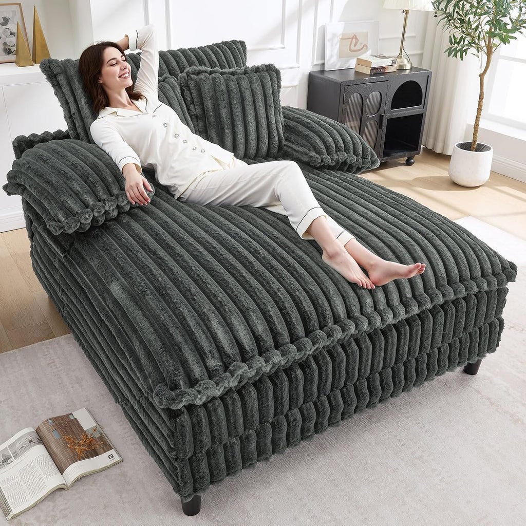 WESTSETLUX 54.8' W Oversized Chaise Lounge Chair Indoor with 5-Position Adjustable Backrest, Plush Sleeper Sofa Bed with Pillows, Upholstered Cloud Couch Chair for Living Room, Study Room, Dark Grey