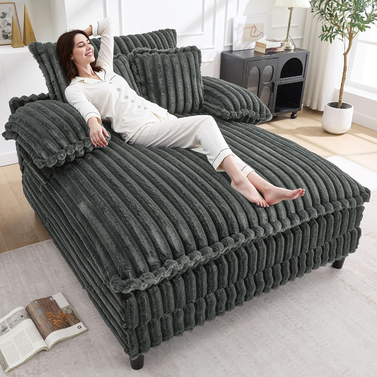 WESTSETLUX 54.8' W Oversized Chaise Lounge Chair Indoor with 5-Position Adjustable Backrest, Plush Sleeper Sofa Bed with Pillows, Upholstered Cloud Couch Chair for Living Room, Study Room, Dark Grey