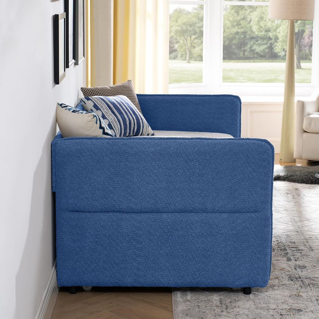 KEIKI Twin Size Upholstery Tufted Daybed with Erectable Trundle, Twin to King Design Modern Extendable Boucle Sofa Bed, Easy Assembly, No Box Spring Required, for Living Room and Bedroom, Blue
