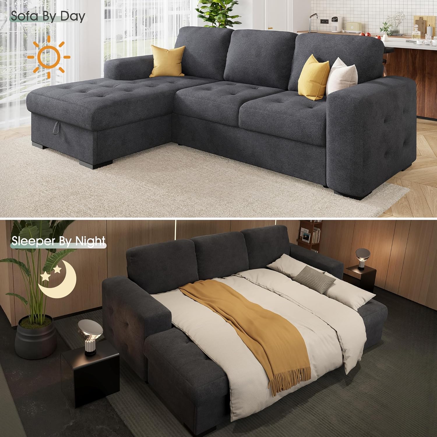 VanAcc 96' Sleeper Sofa, Sofa Bed Couch with Storage Chaise, Sleeper Couch with Pull Out Bed for Living Room(Grey)