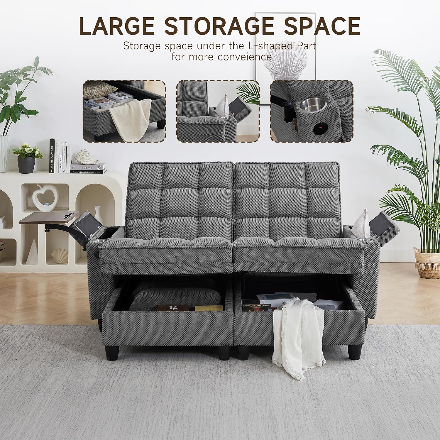 70.9' Chaise Lounge Chair Indoor, Oversized Boucle Upholstered Sofa Bed, Adjustable Backrest Deep Seat Reading Chair, Sofas Couches for Living Room with Storage, Cup Holders & 360° Swivel Side Table