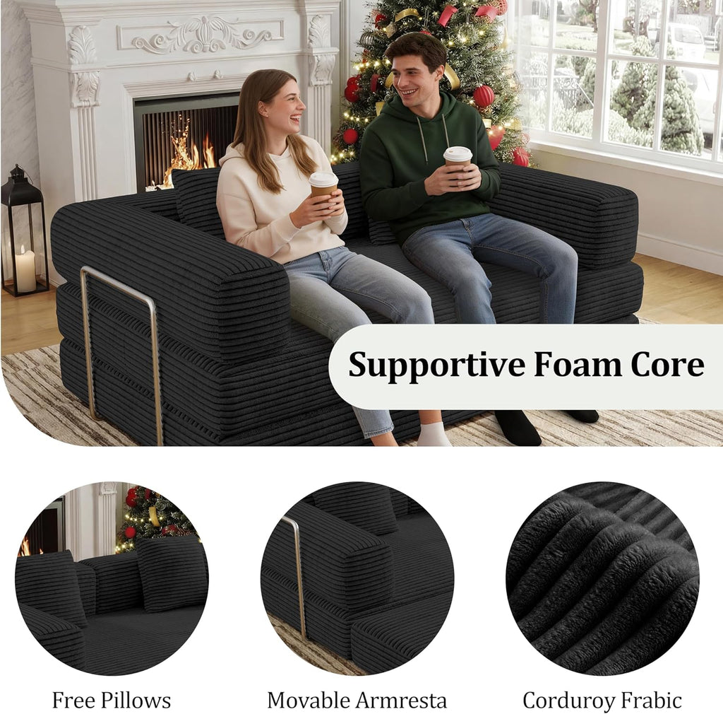 4-in-1 Foldable Sofa Bed Teddy Foam-Filled Compressed Couch Loveseat Sofa Boneless Foldable Convertible Sleeper Sofa Couch for Space Saving Living Room, Guest Bed, Playroom (Black, 53.15'Double Sofa)