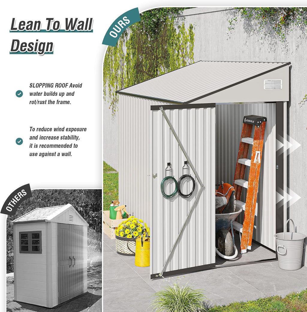 4x8FT Outdoor Storage Shed, Lean to Shed, Metal Wall Side Tool Storage Sheds House with Single Lockable Door for Backyard, Patio, Garden, Lawn