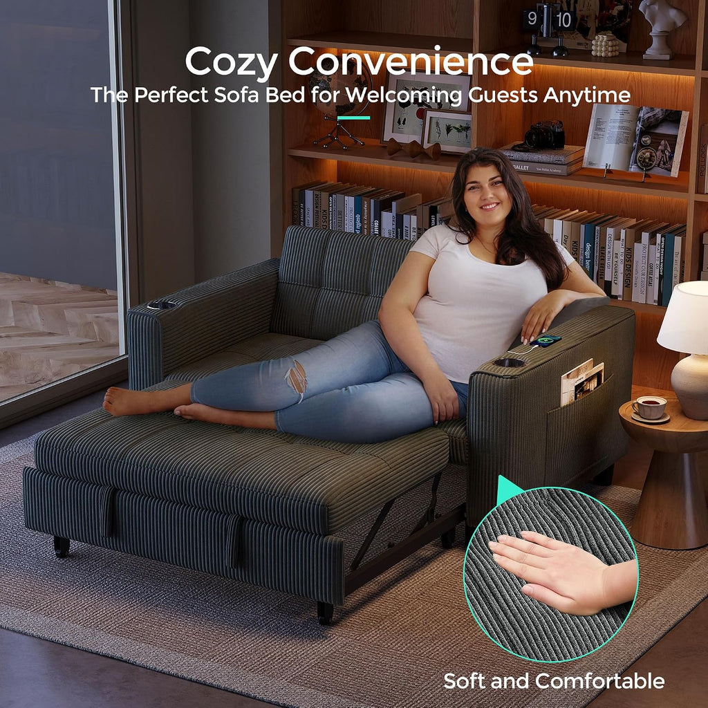 LINSY Sleeper Sofa Bed, 54' Pull Out Couch with Charging Station & Cup Holder, Small 3 in 1 Convertible Loveseat Sleeper Couch for Apartment, Dorm Room, Bedroom and Small Space, Corduroy Gray
