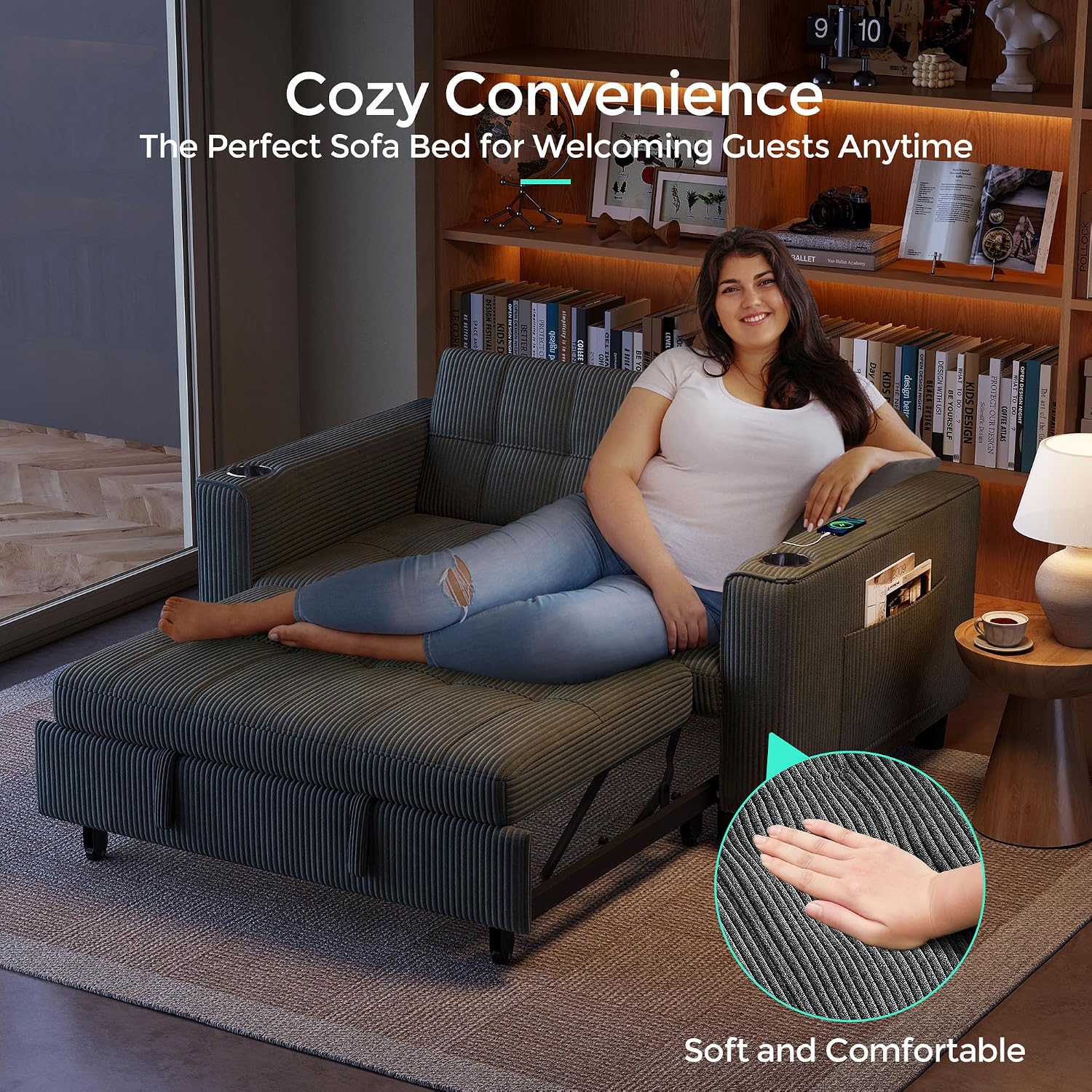 LINSY Sleeper Sofa Bed, 54' Pull Out Couch with Charging Station & Cup Holder, Small 3 in 1 Convertible Loveseat Sleeper Couch for Apartment, Dorm Room, Bedroom and Small Space, Corduroy Gray
