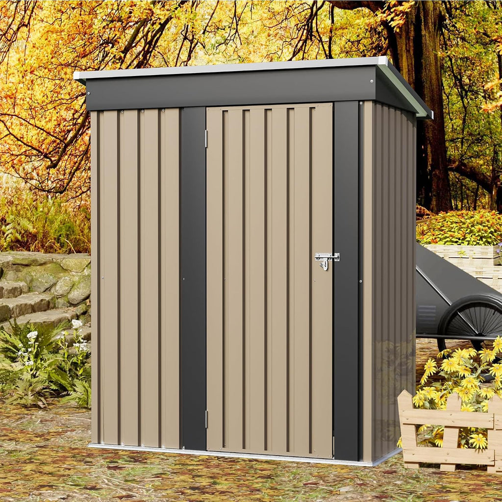JUMMICO Metal Outdoor Storage Shed 5 x 3 FT Metal Shed with Lockable Door,Waterproof Garden Tool Shed Storage House for Backyard Patio Lawn, Brown