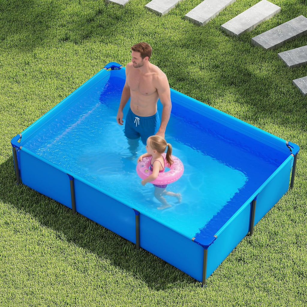 GYMAX 8.5' x 6' x 26' Metal Frame Above Ground Swimming Pool, Outdoor Backyard Famliy Pool w/Puncture-Resistant Fabric, Drainage Valve Connector for Kids & Adults (8.5' x 6' x 26', Rectangle, Blue)