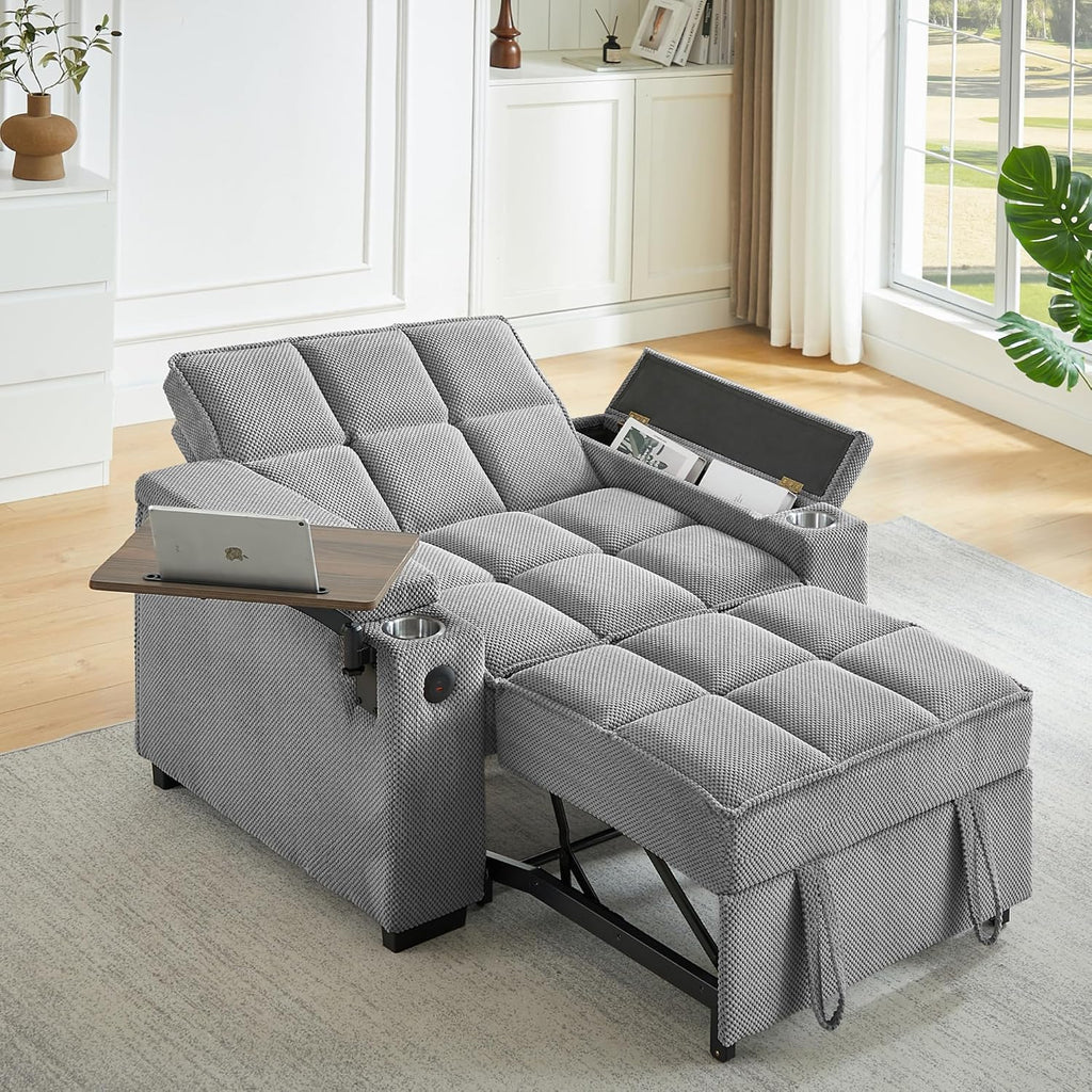 Large Size Convertible Sleeper Chair Futon Sofa Bed, Comfortable thick cushion Single Sleeper Sofa Handheld storage and Adjustable Backrest | Reading Chair with Rotating small table (light gray)